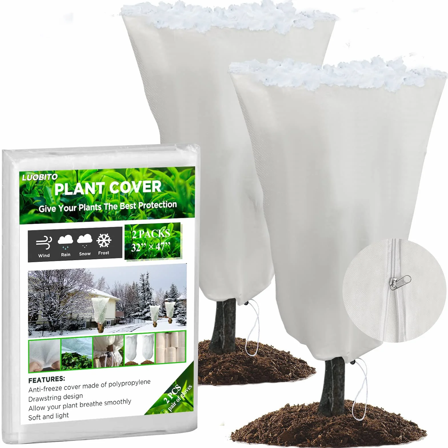 Ochrona roślin zimowych, 2 szt. 80 x 120 cm Ochrona przed mrozem pokrowce na rośliny ogrodowa polarowa z zamkiem błyskawicznym + sznurek 60 g/m² zimowa ciepła roślina polarowa kurtka