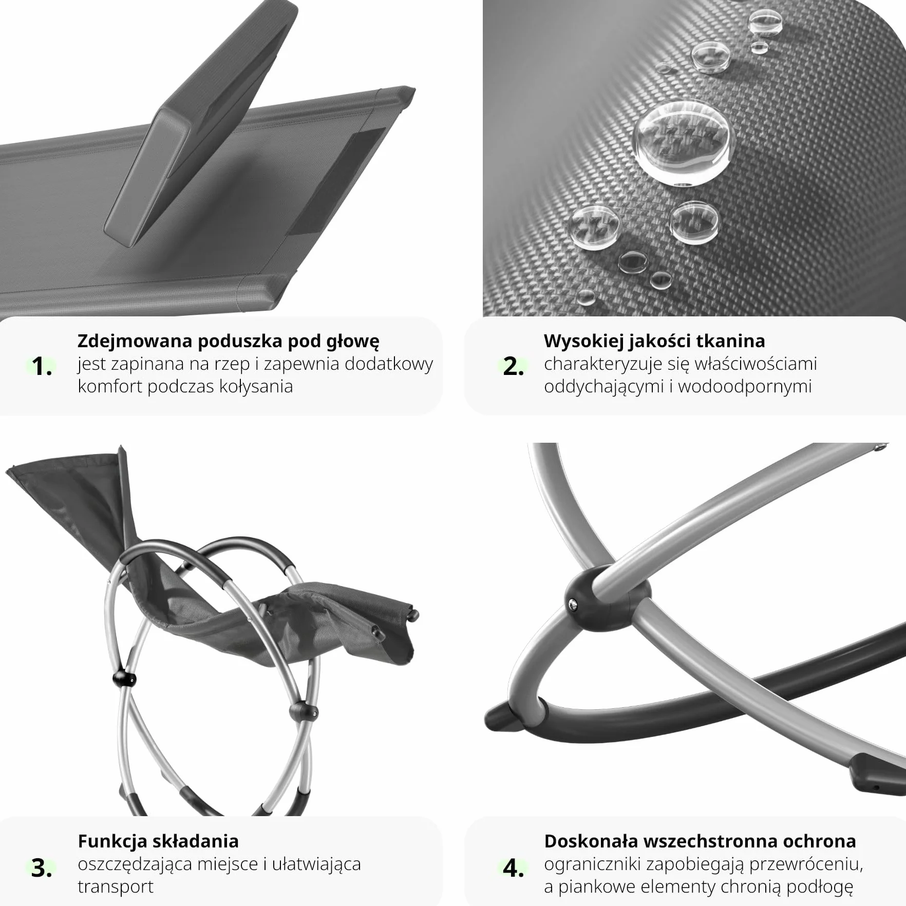 tectake® Ogrodowy Fotel Bujany, Ergonomiczny Składany Leżak z Oddychającym Materiałem Textilene i Zdejmowaną Poduszką, Solidna Stalowa Rama, Ochrona przed Wywróceniem (Szary)
