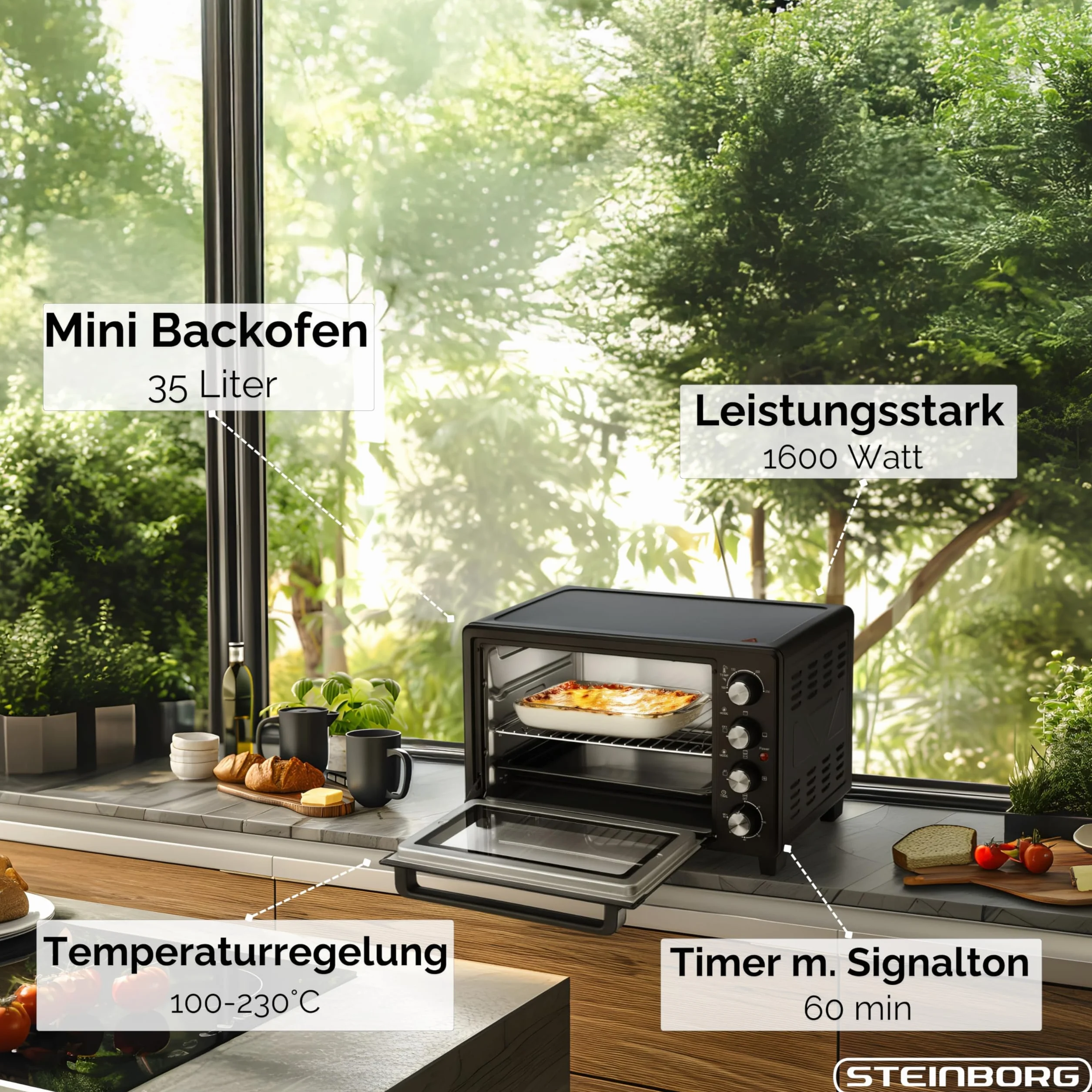 Steinborg Mini piekarnik 35 litrów z termoobiegiem i rożnem obrotowym, blacha na okruchy, grzanie górne i dolne, 1600 W, mini piekarnik z timerem, wolnostojący, bezstopniowa regulacja temperatury do