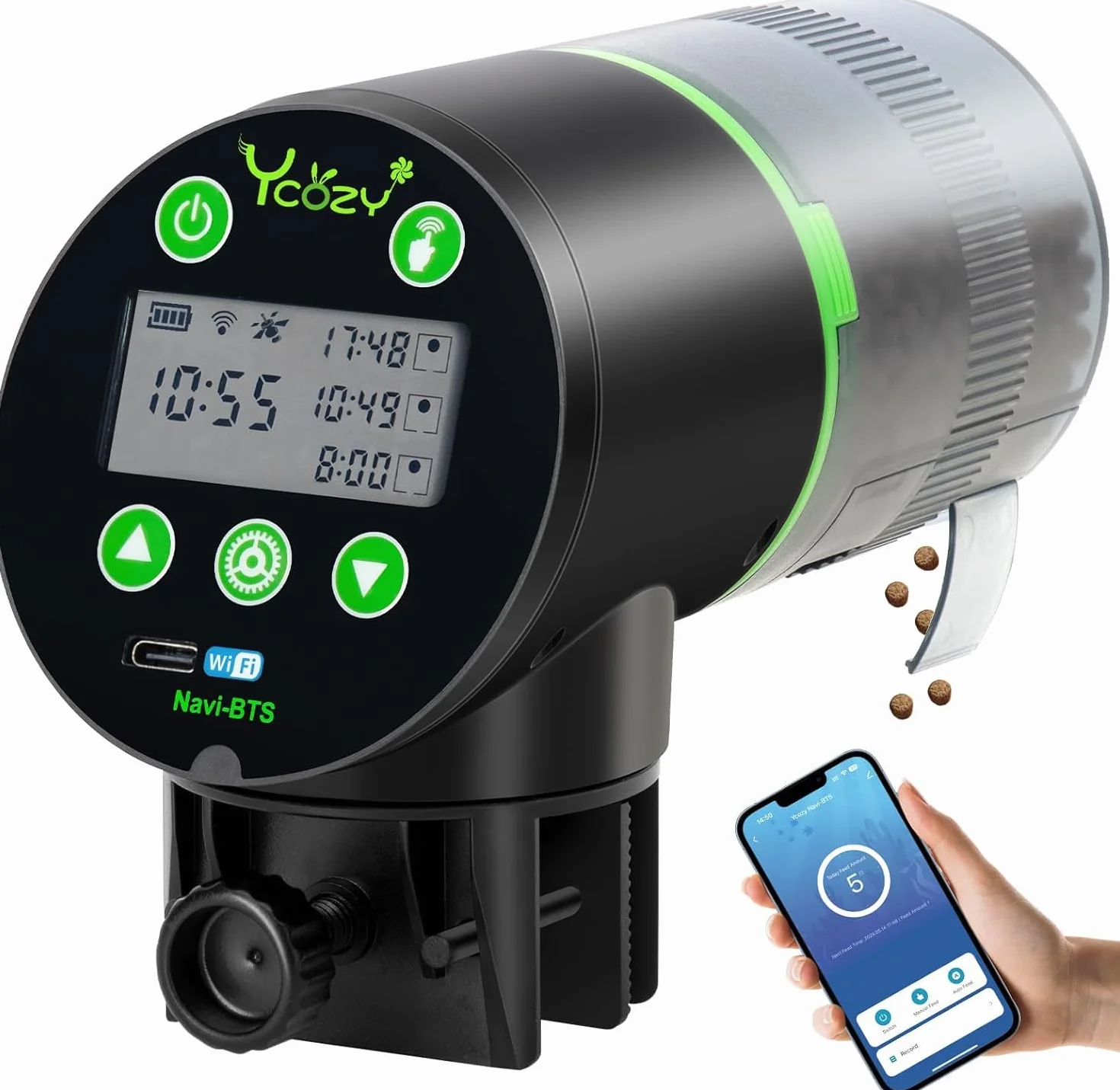 Ycozy Nawigator BTS automatyczny karmnik dla ryb z wyświetlaczem LCD, sterowany timer, ładowanie USB