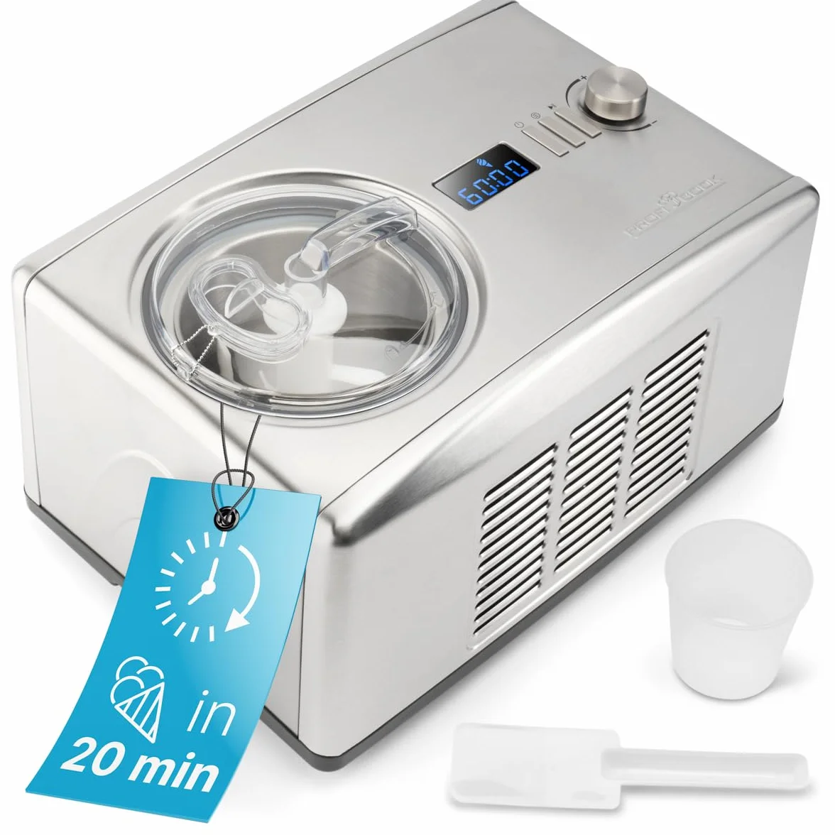 ProfiCook® maszyna do lodów i jogurtu w jednym, lód w 20 min, do 1500 ml, maszyna do lodów z kompresorem, do lodów i mrożonego jogurtu, w zestawie przepisy kulinarne, szpachelka do lodu i kubek z