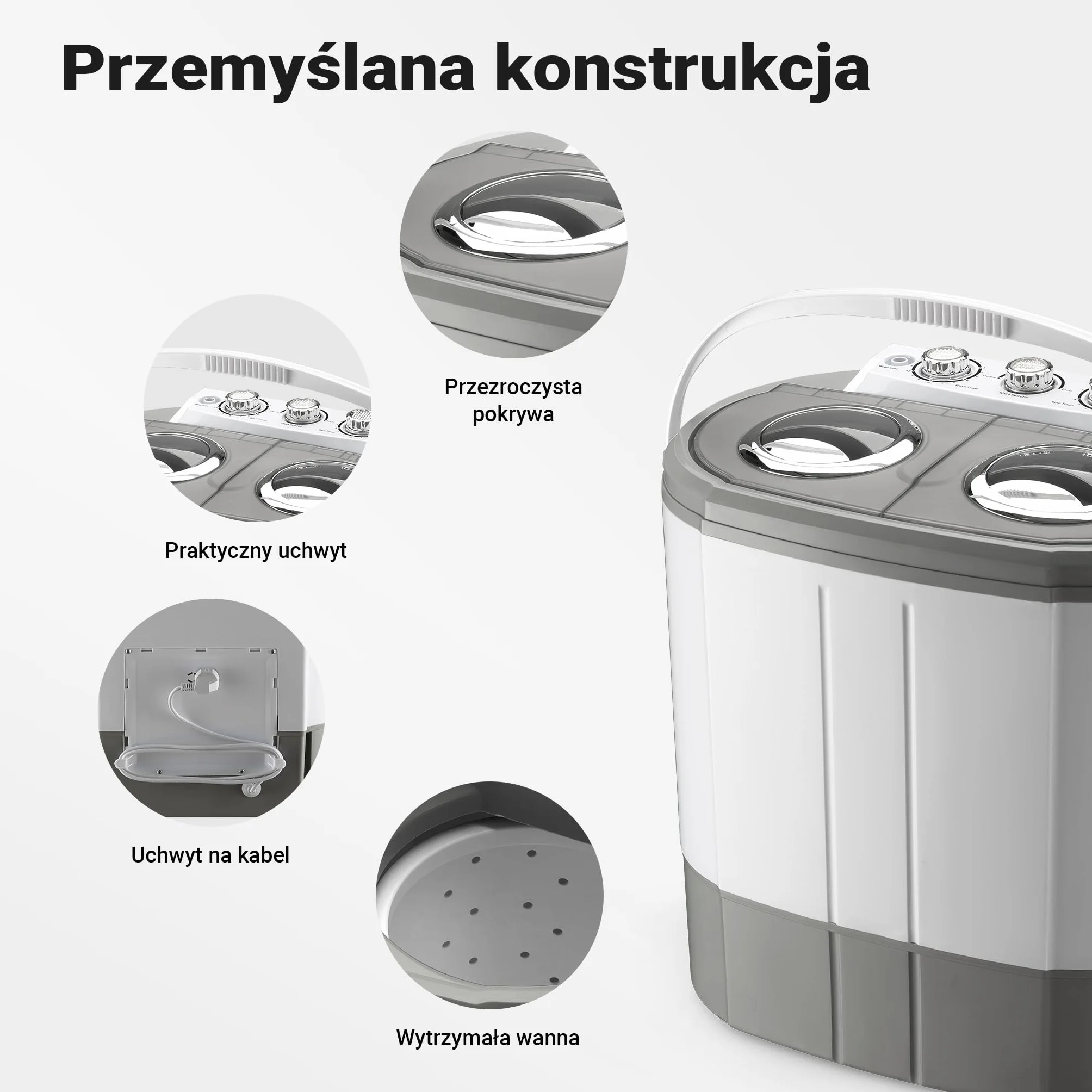 Wiltec Pralka turystyczna wirnikowa 60 x 36 x 60 cm, mini pralka przenośna do 3 kg prania, pralko-wirówka z dwoma bębnami