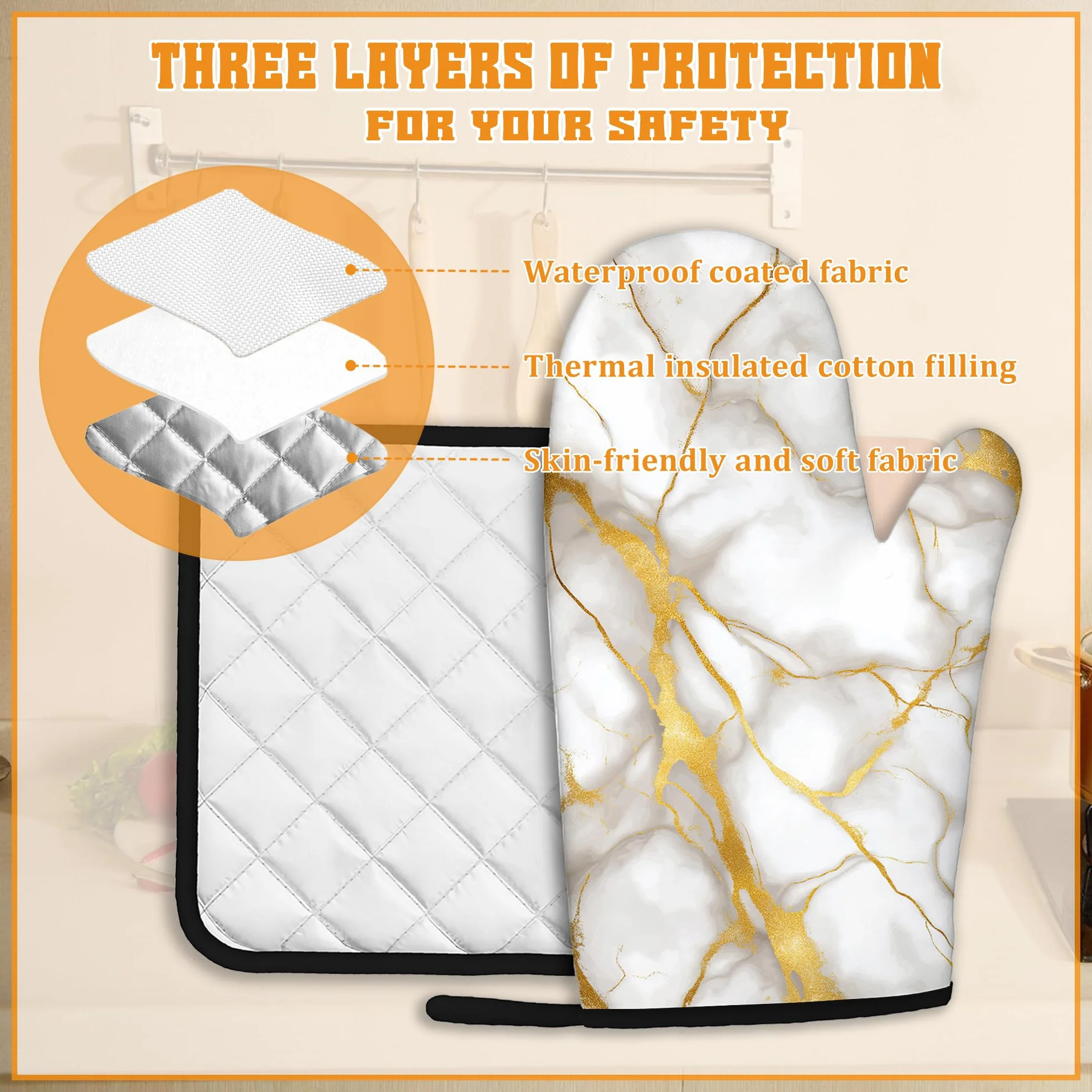 Zestaw marmurowych rękawic kuchennych i uchwytów na garnki, białe złoto, płynący marmur, rękawice kuchenne i uchwyt na garnek z odpornym na wysokie temperatury, antypoślizgowe, do gotowania, pieczenia