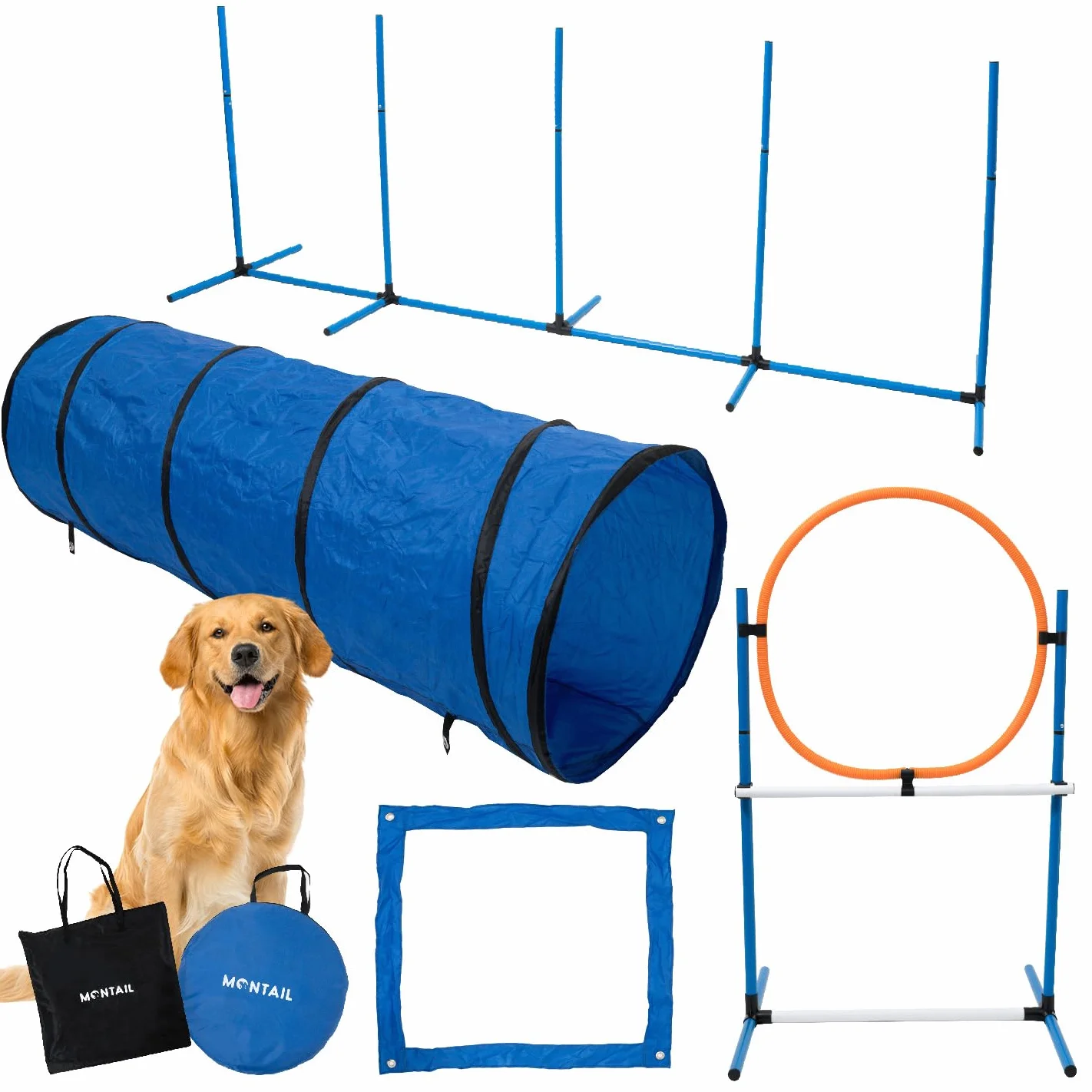 Montail® Agility Zestaw dla psów dużych i małych z systemem 2 w 1 – akcesoria do treningu psów premium – slalom, przeszkoda zwinności, koło do skakania i tunel dla psa – idealny do parku, ogrodu i