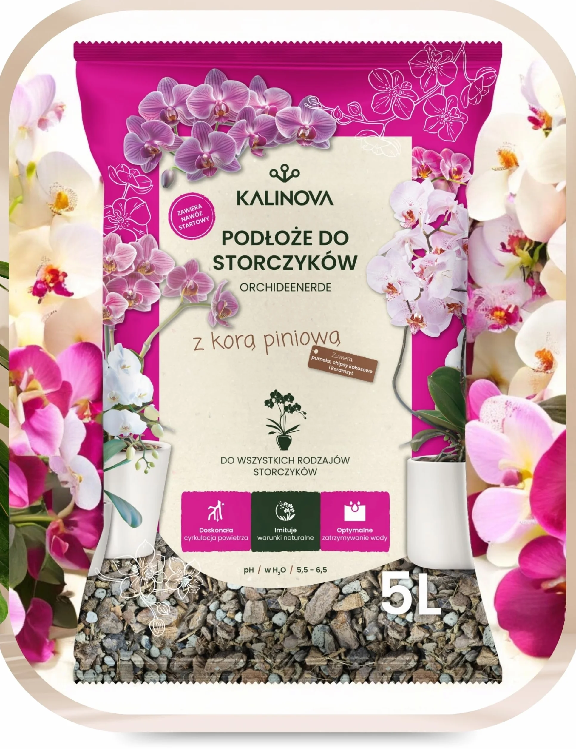 KALINOVA Podłoże do storczyków 5L – kora piniowa, kokos, keramzyt, idealne dla orchidei