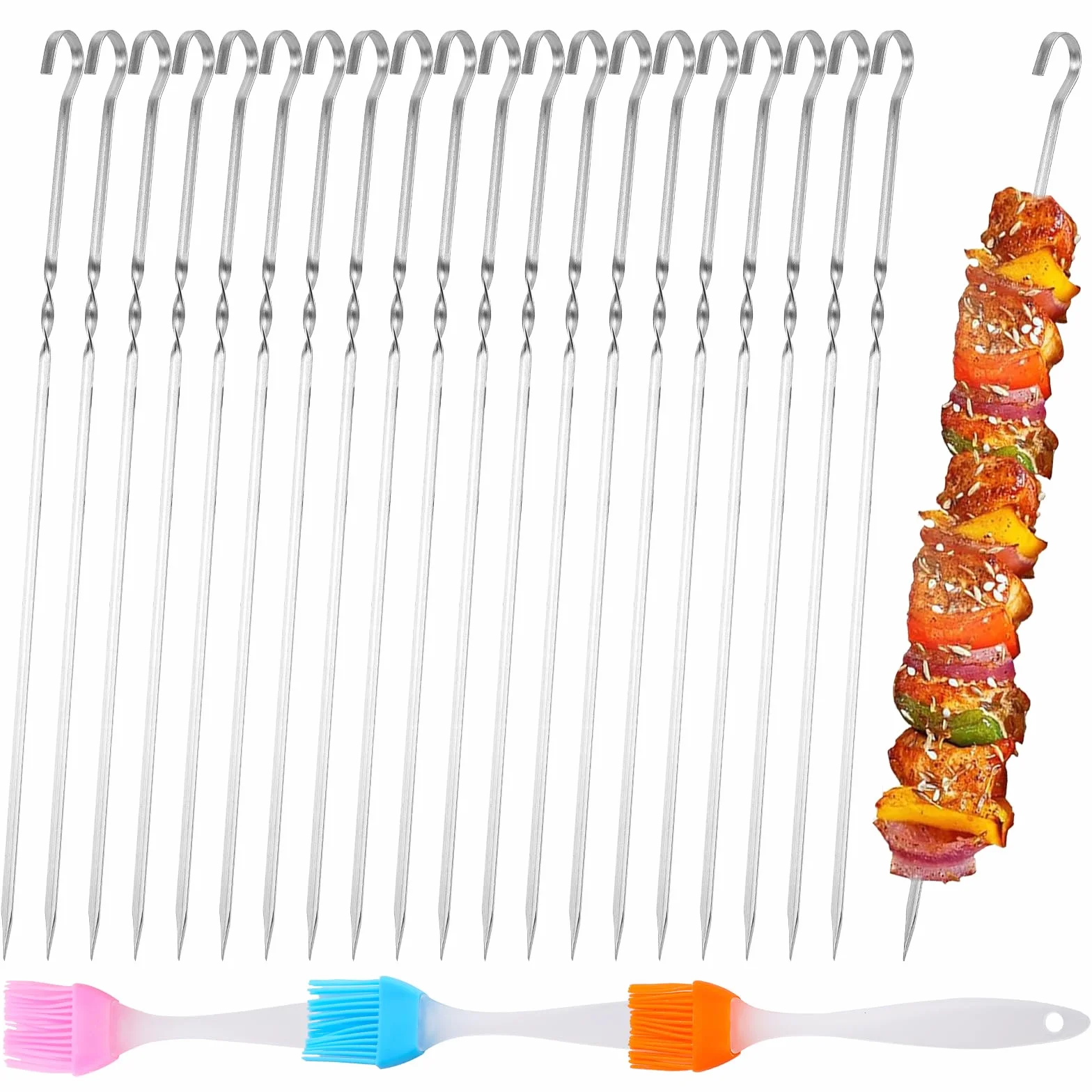 40 szpikulców do grilla ze stali nierdzewnej, 28 cm, długie szpikulce do grilla, z 3 szczotkami do grilla, długie szpikulce do szaszłyków, akcesoria do grilla, metalowe szpikulce