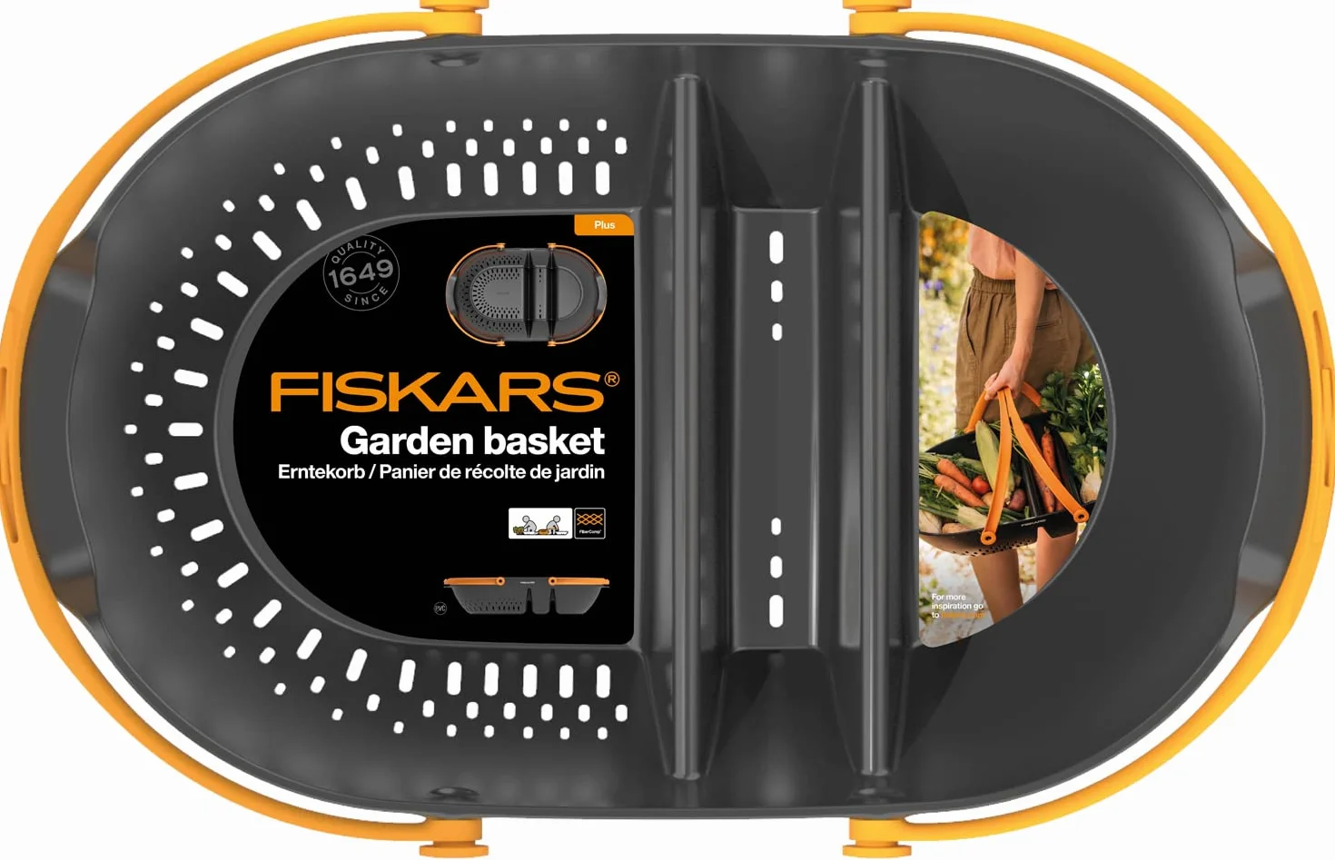 Fiskars kosz żniwny, transportu i czyszczenia zbiorów i narzędzi do zbioru, wykonany z tworzywa sztucznego, czarny/pomarańczowy, Plus, 1062831