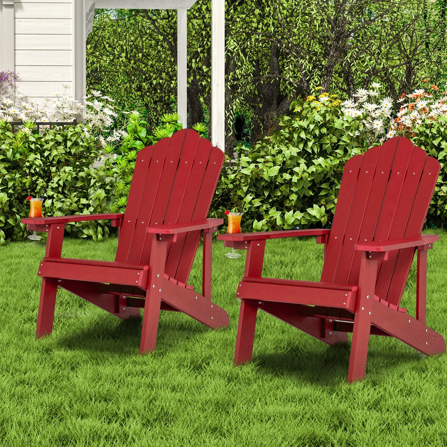 COSTWAY Adirondack krzesło z uchwytem na napoje, odporne na warunki atmosferyczne, krzesło ogrodowe z tworzywa sztucznego, krzesło outdoorowe do ogrodu, na taras, nośność 170 kg (czerwone)