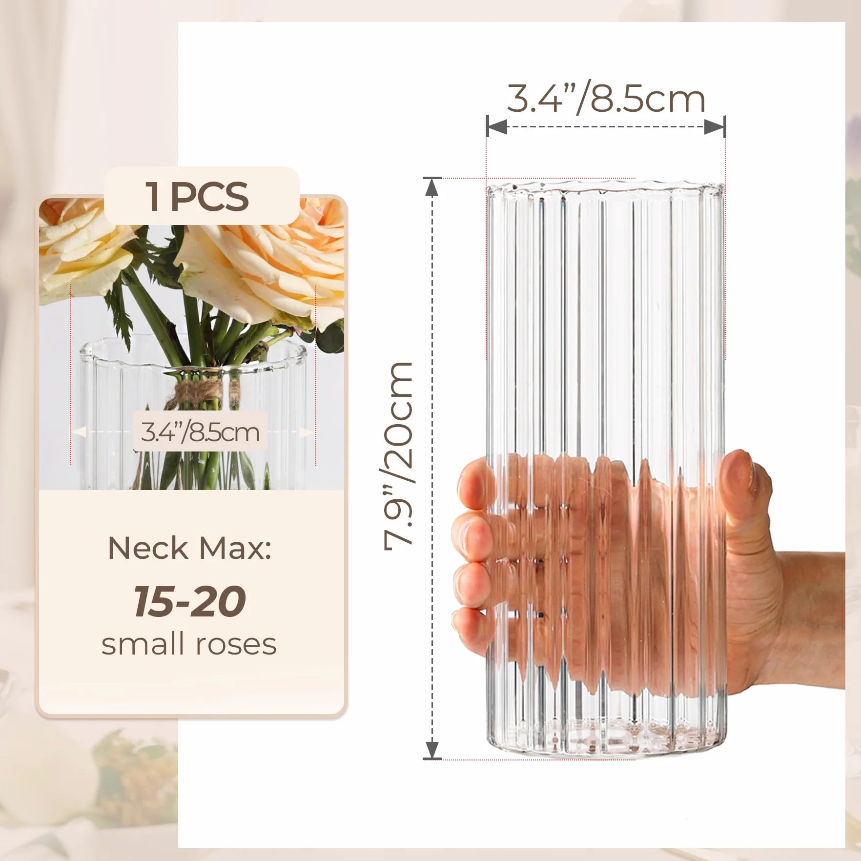 ComSaf Szklane wazony cylindryczne, na kwiaty, elementy centralne, 20 cm wysokości, ryflowany, wazony, dekoracyjne, na przyjęcie weselne, wystrój domu, prezent na parapetówkę, przezroczysty