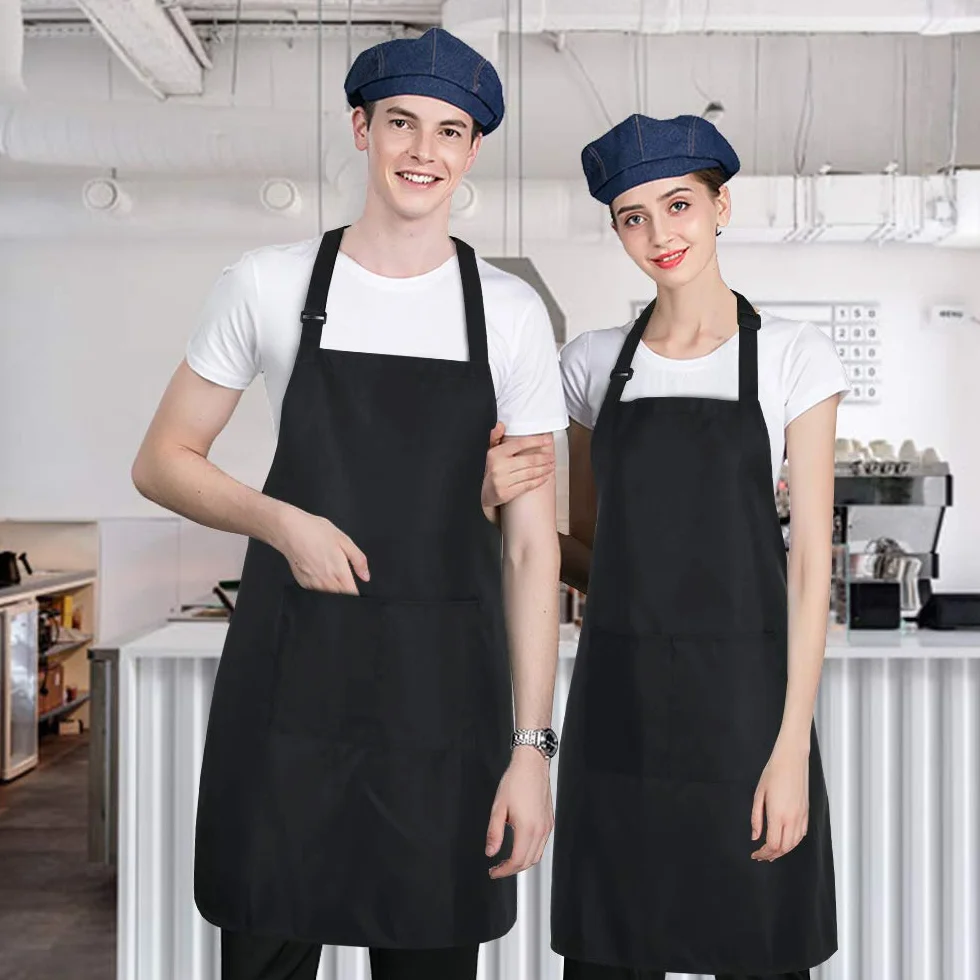 Fartuchy kuchenne dla dorosłych regulowane fartuchy kuchenne z 2 kieszeniami odporne na krople wody pieczenie ogrodnictwo restauracja grill fartuch szefa kuchni dla kobiet mężczyzn, Czarny, L
