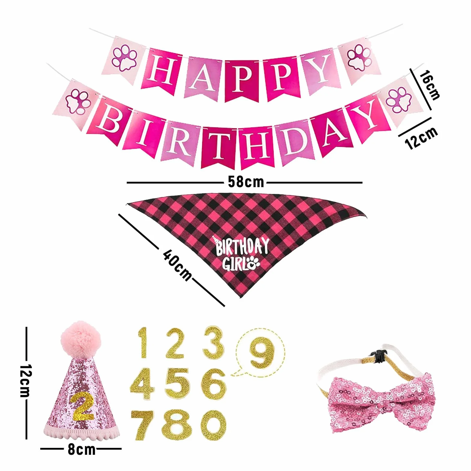 Kapelusz urodzinowy dla psa, zestaw 5 sztuk, bandana z 10 numerami Bling i banerem Happy Birthday, dekoracja urodzinowa (różowa)