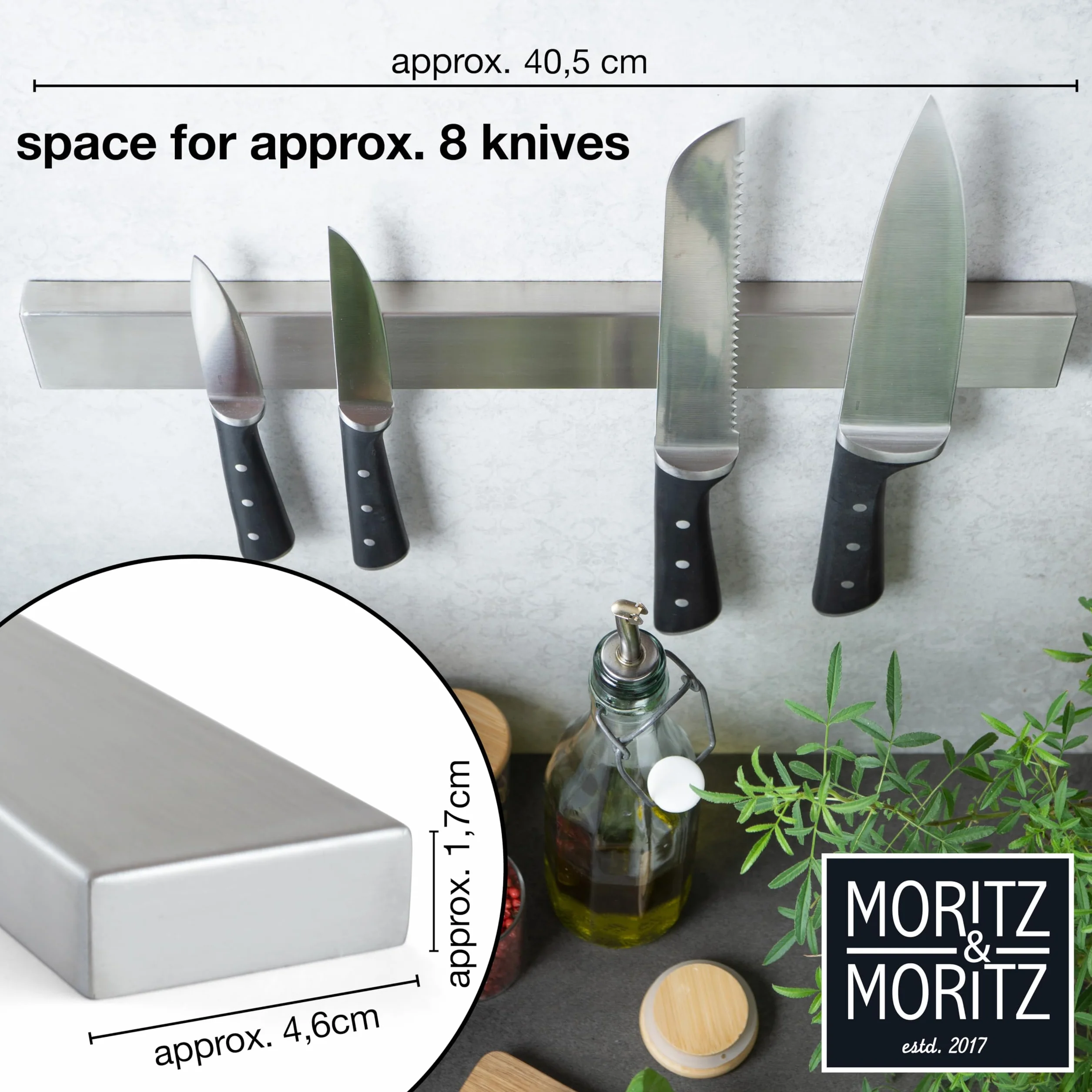 Moritz & Moritz Magnetyczny uchwyt na noże do ściany, 40 cm, magnetyczny stojak na noże samoprzylepny, klej lub wiertarka, magnetyczny pasek na noże do sortowania noży, przyborów kuchennych i narzędzi