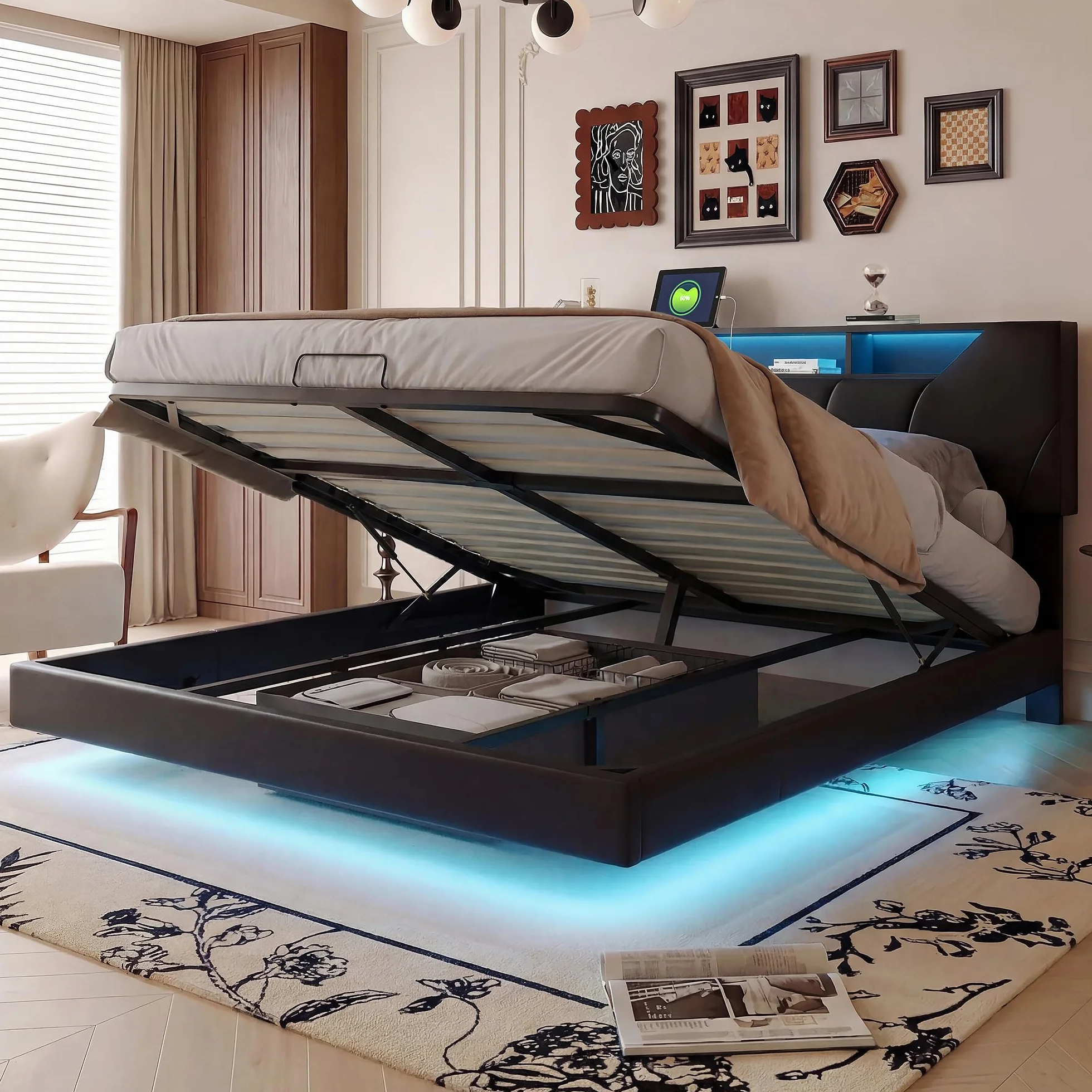 Łóżko bagażowe 140 x 200 z oświetleniem LED, podwójne łóżko tapicerowane z ładowaniem USB, łóżka pływające z hydrauliką, zagłówek z regulacją wysokości, PU, czarne (Czarny-A, 140×200cm)