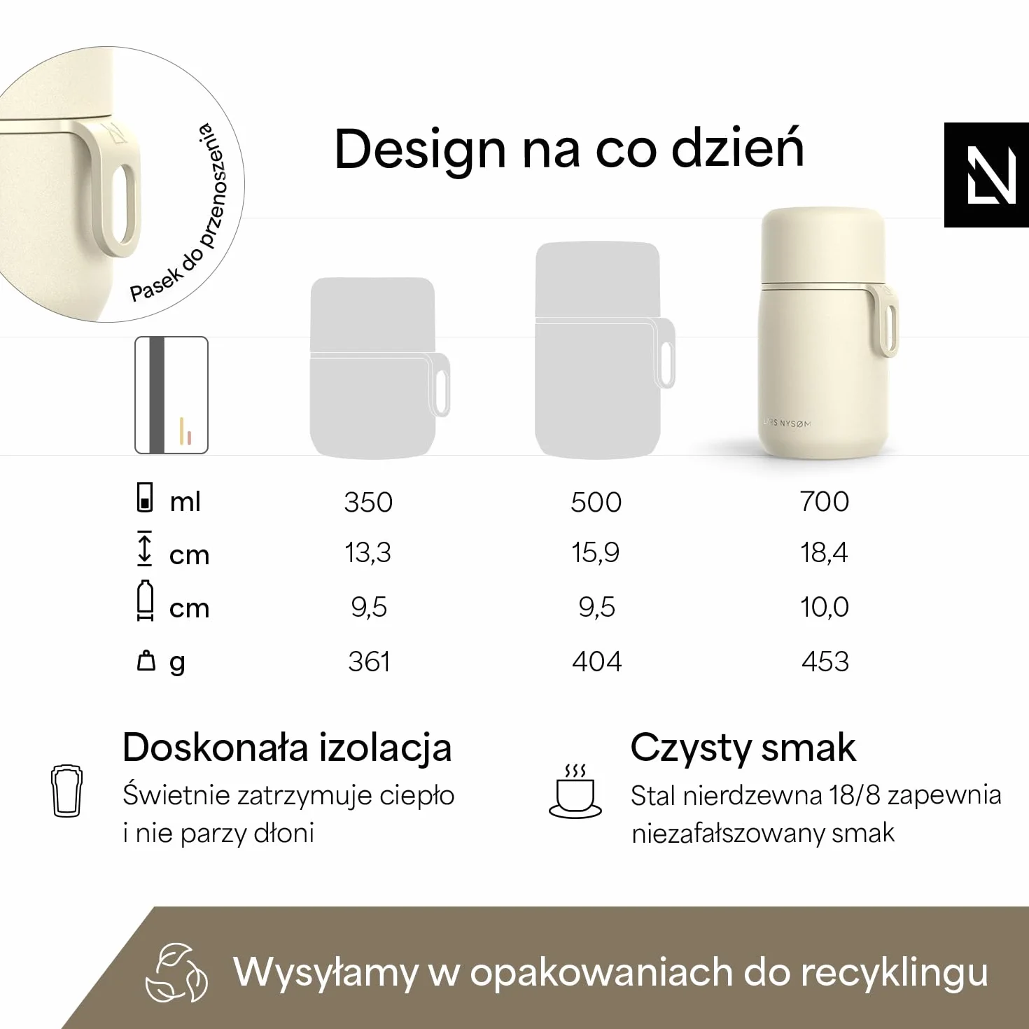 LARS NYSØM Termiczny Pojemnik na Żywność ze Stali Nierdzewnej - Szczelny Lunchbox na Ciepłe i Zimne Posiłki, Szeroki Termos na Zupę do Pracy i w Podróży (Almond Beige, 700ml)