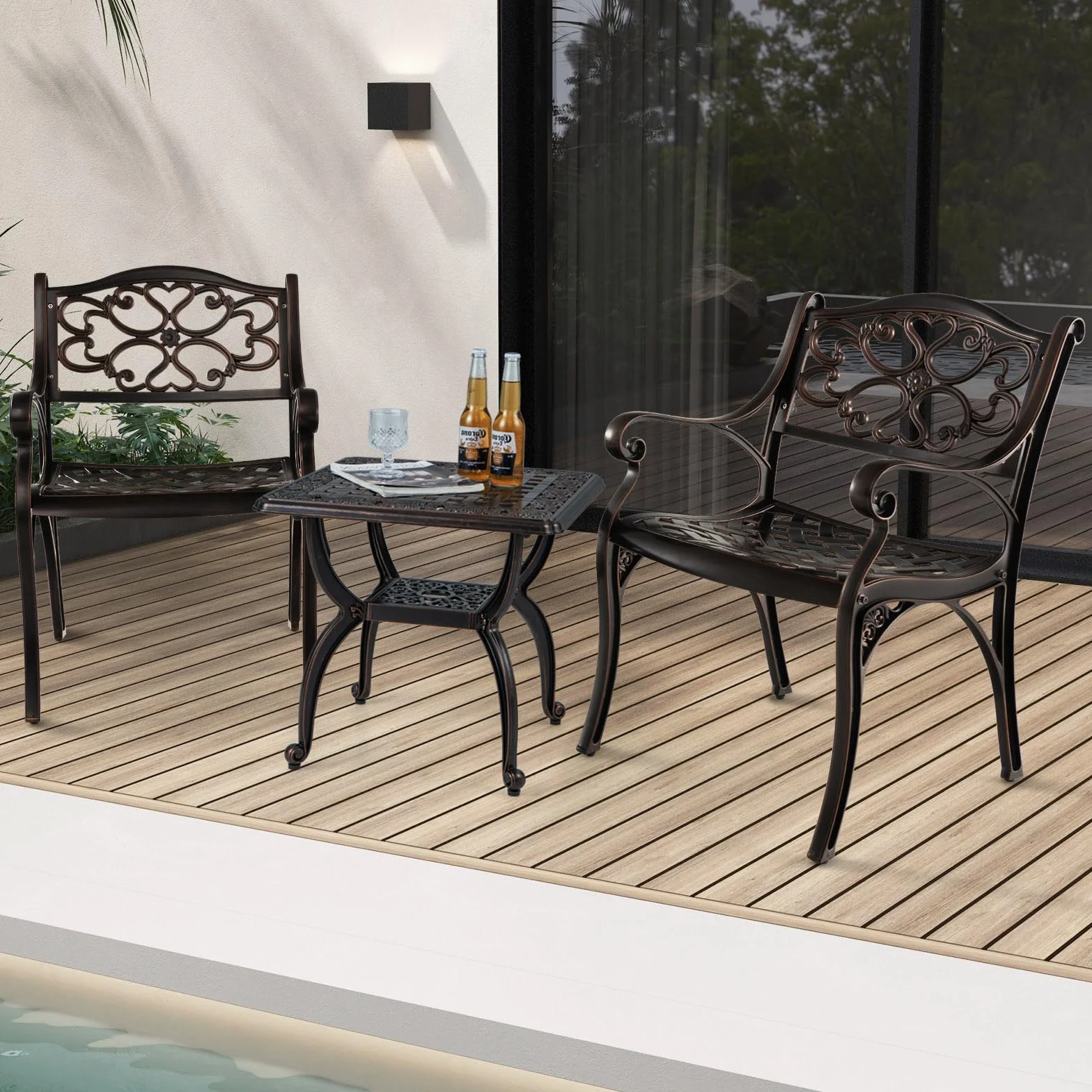 COSTWAY Zestaw 2 krzeseł ogrodowych z odlewu aluminium, odporne na warunki atmosferyczne, krzesła tarasowe z podłokietnikami, krzesła balkonowe do ogrodu, na balkon, podwórko, brąz