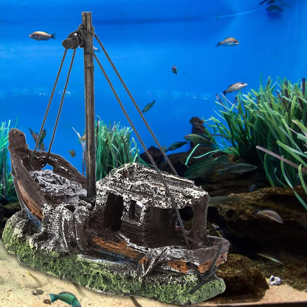 Resin Aquarium Fish Tank Landscape Ornament, Aquarium Artificial High Simulation Shipwreck Decoration Fish Tank Hide House