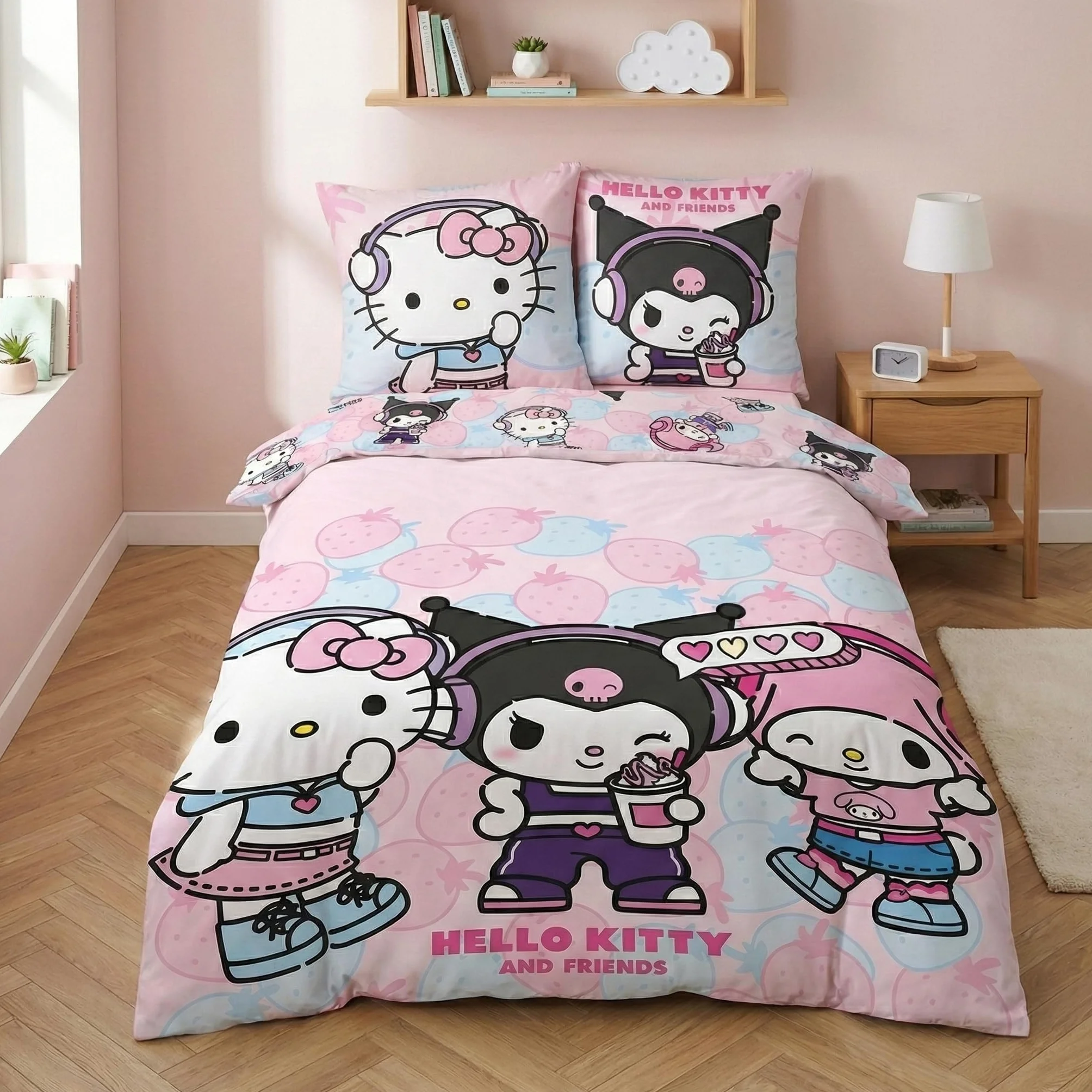 Aymax Zestaw pościeli Hello Kitty and Friends, bawełna poliestrowa, poszwa na kołdrę 135 x 200 cm + poszewka na poduszkę 80x80 cm, z Kuromi i My Melody