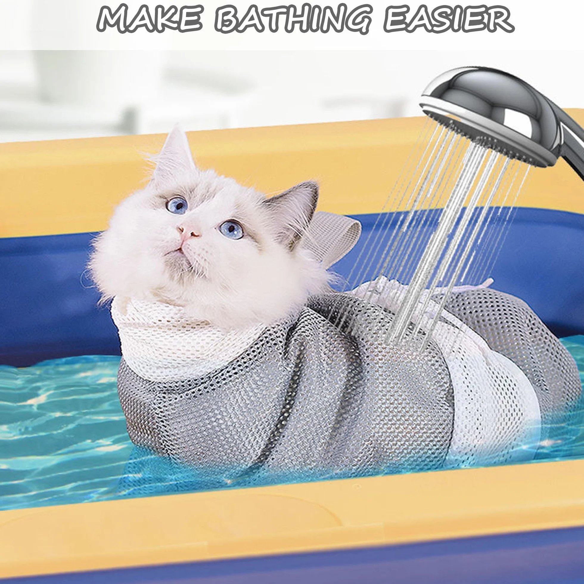 Regulowana torba do kąpieli dla kota siatkowa przeciw gryzieniu odpinana szara