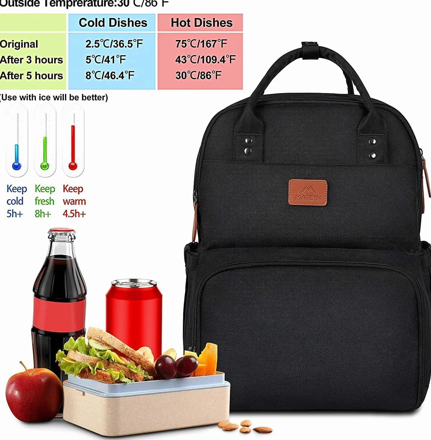 MATEIN Plecak na laptopa na lunch, plecak piknikowy z kieszenią na laptopa, plecak dla mężczyzn i kobiet z portem USB, izolowana torba chłodząca na lunch, na kemping, podróż, do szkoły, pracy, czarny