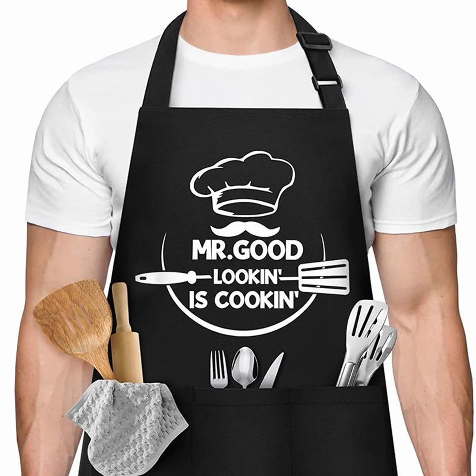 HENGBIRD Fartuch do grillowania dla mężczyzn, fartuch kucharski z 3 kieszeniami, regulowany fartuch kuchenny, wodoszczelny, czarny, dla mężczyzn, zabawny prezent dla taty, dziadka, urodziny, prezent
