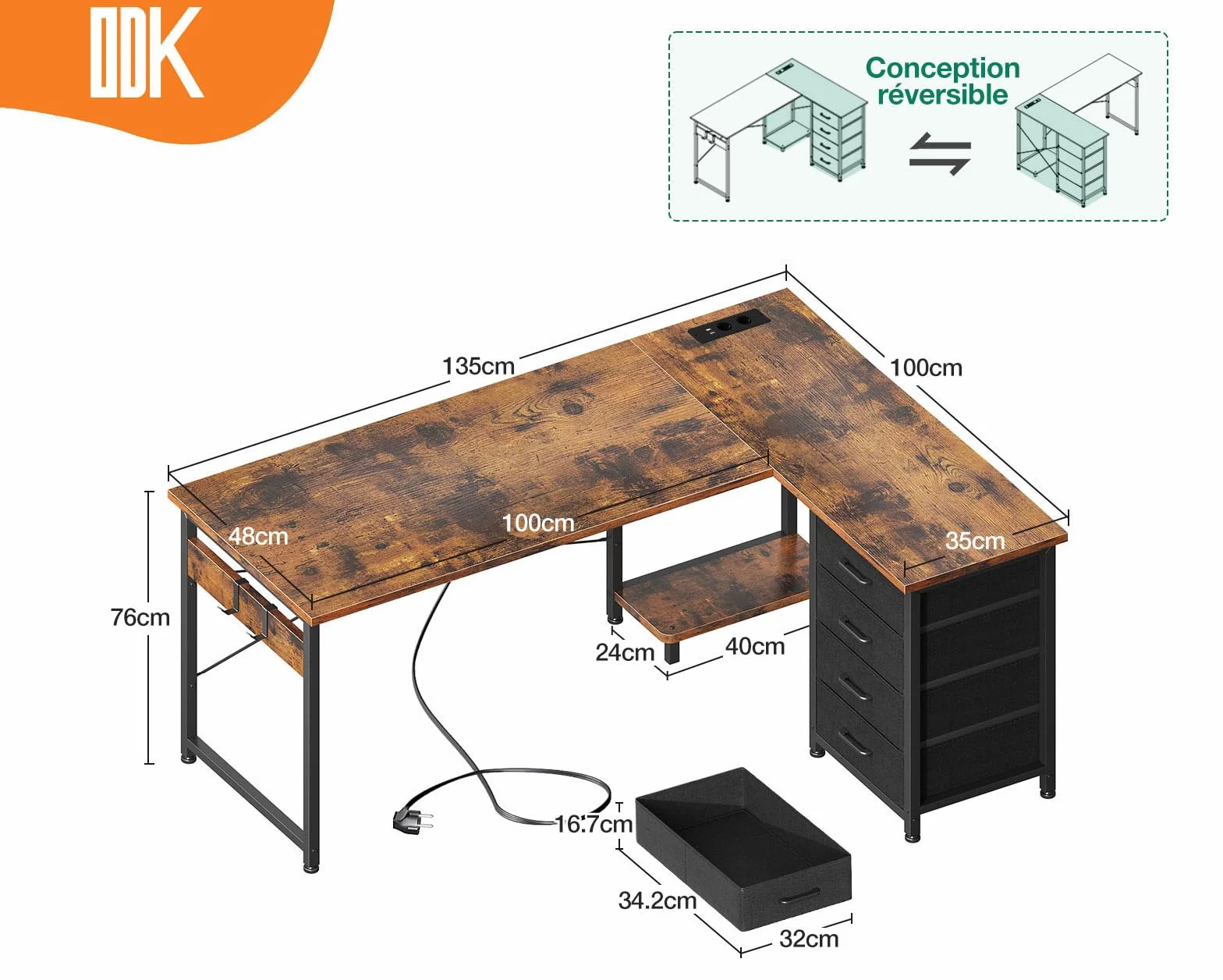 ODK Biurko narożne z 4 szufladami, biurko w kształcie L z gniazdkiem i portem USB, Odwracalne biurko z miejscem do przechowywania do home office (Vintage brązowy, 135×100 cm)