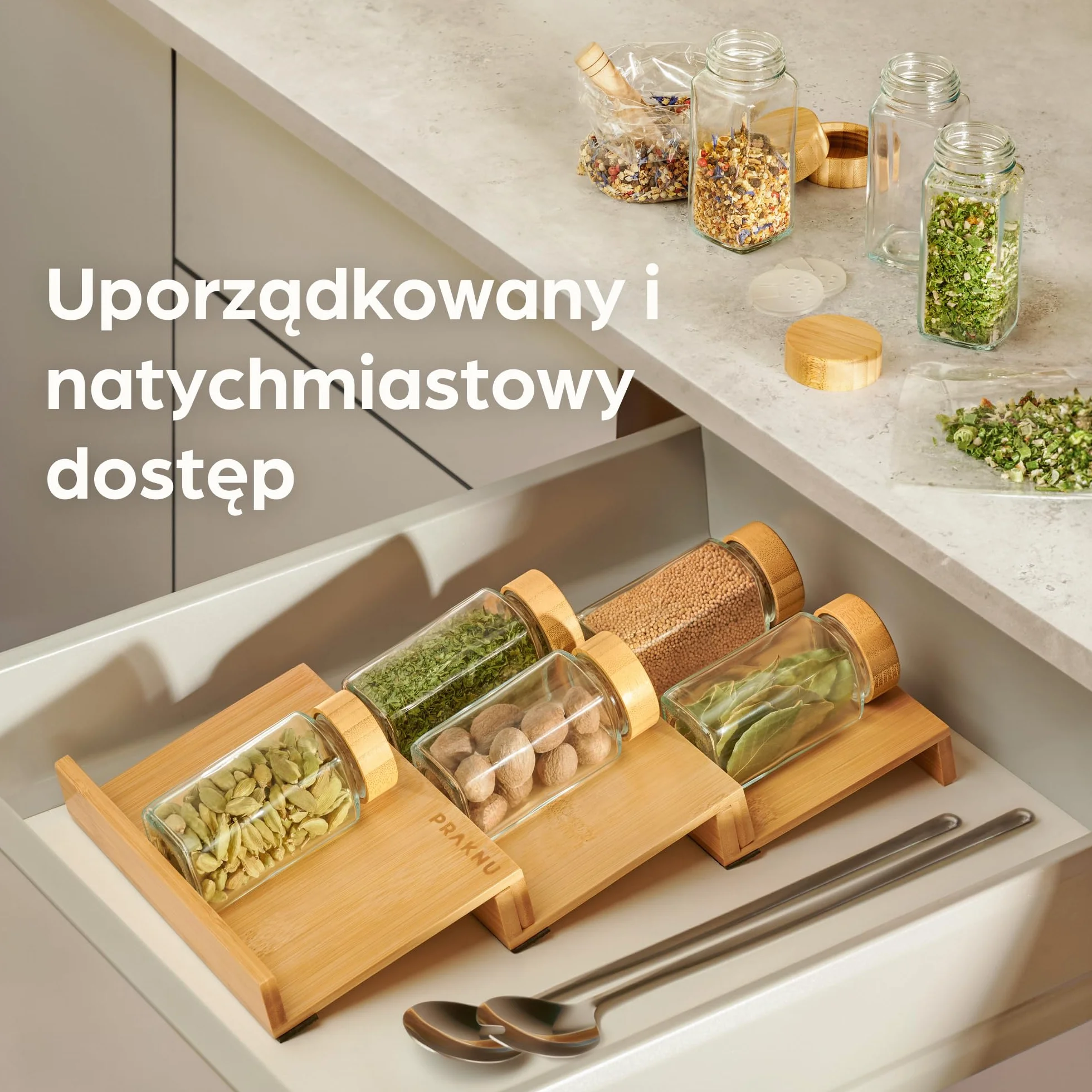 Stojak na Przyprawy do Szuflady Bambusa FSC® - na 12 słoiczki z przyprawami (19 x 13 x 3 cm) - z matą antypoślizgową - 3 tier, organizer na przyprawy