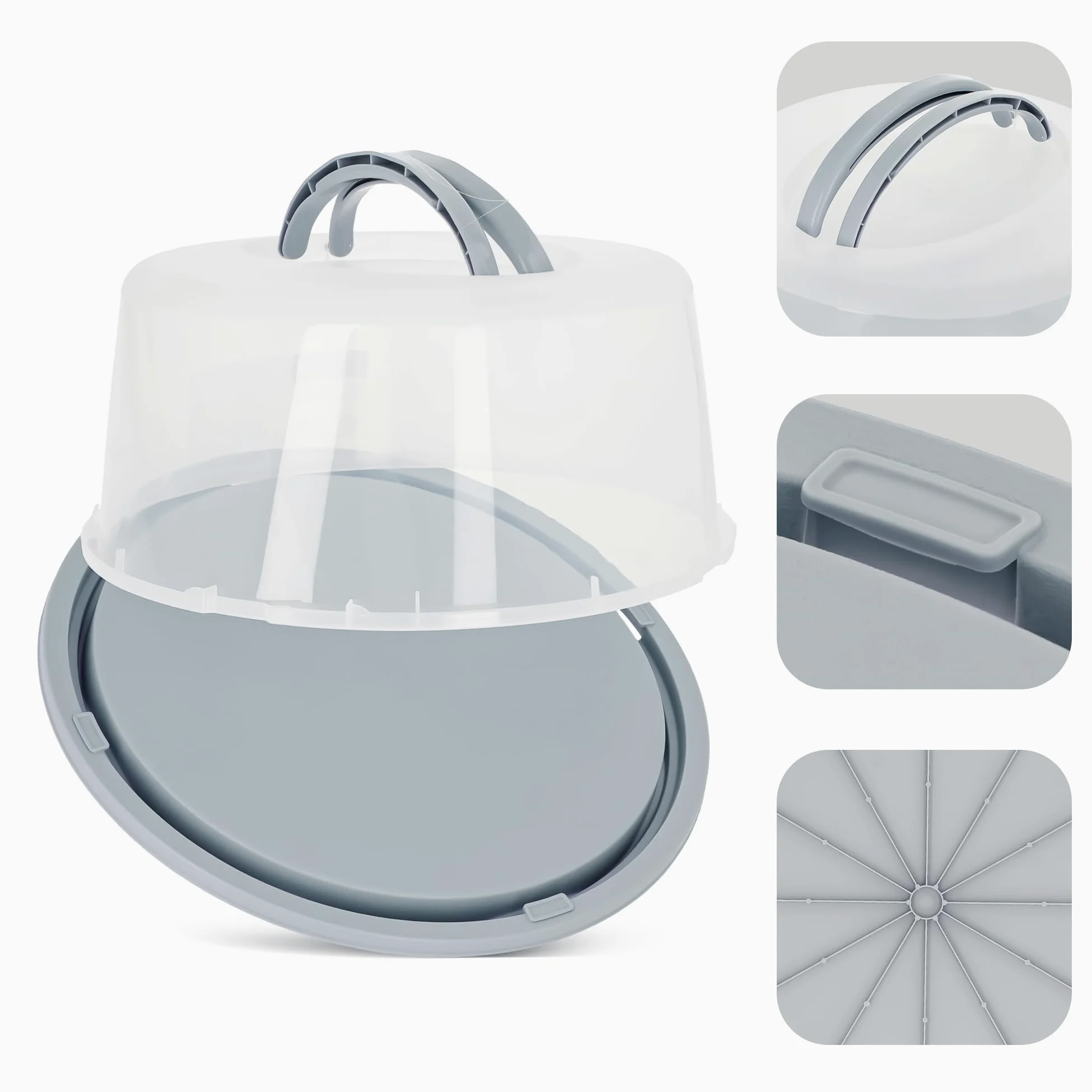 Pojemnik na Ciasto Tort Wypieki Okrągły 35 x 35 x 16 cm Szary Plastikowy Pudełko Przenośne Transportowe Ochronne do Transportu Przewożenia Ciast Tortu Wypieków Nakładka z Uchwytem