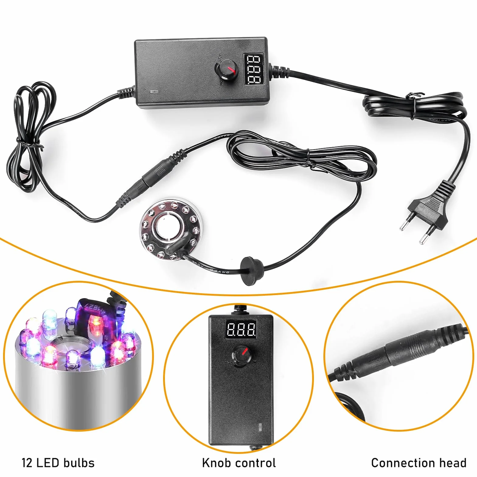 Ultradźwiękowy nebulizator, 350 ml/h, mini wytwornica mgły z 12 diodami LED, maker, mgiełka wodna, regulowana barza do wytwarzania mgły ze zdejmowaną ochroną przed pryskaniem, do fontanny, stawu