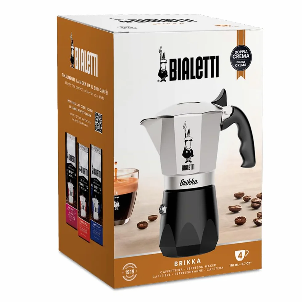 Bialetti New Brikka, Moka pot, jedyny ekspres do kawy zdolny do zrobienia kremowego espresso, 4 filiżanki, Aluminium
