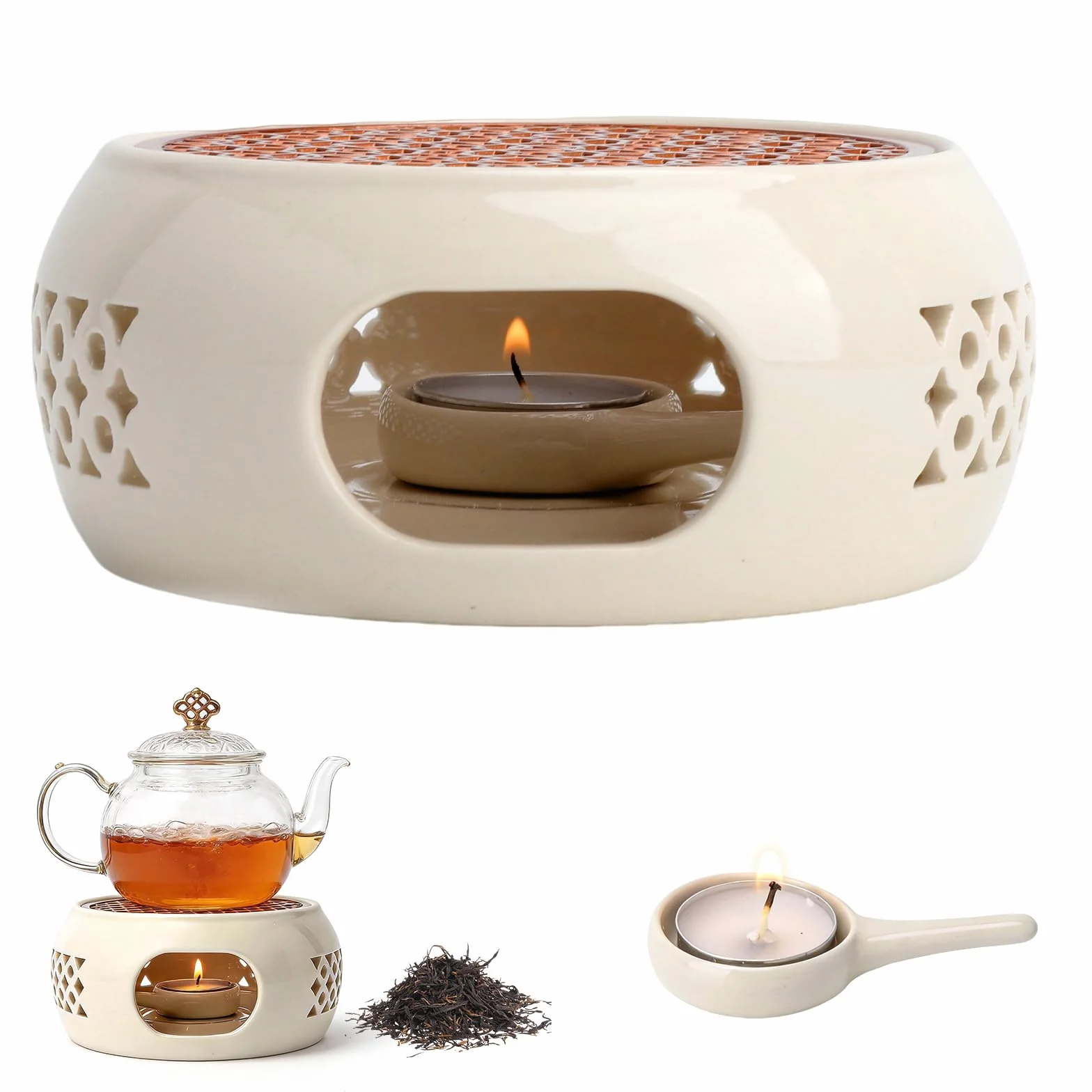 Podgrzewacz do dzbanka do herbaty, ceramiczny podgrzewacz 15 cm, biała porcelana, podgrzewacz do herbaty, podgrzewacz do herbaty z 10 świeczkami tealight, do utrzymania ciepła, kawy, mleka i