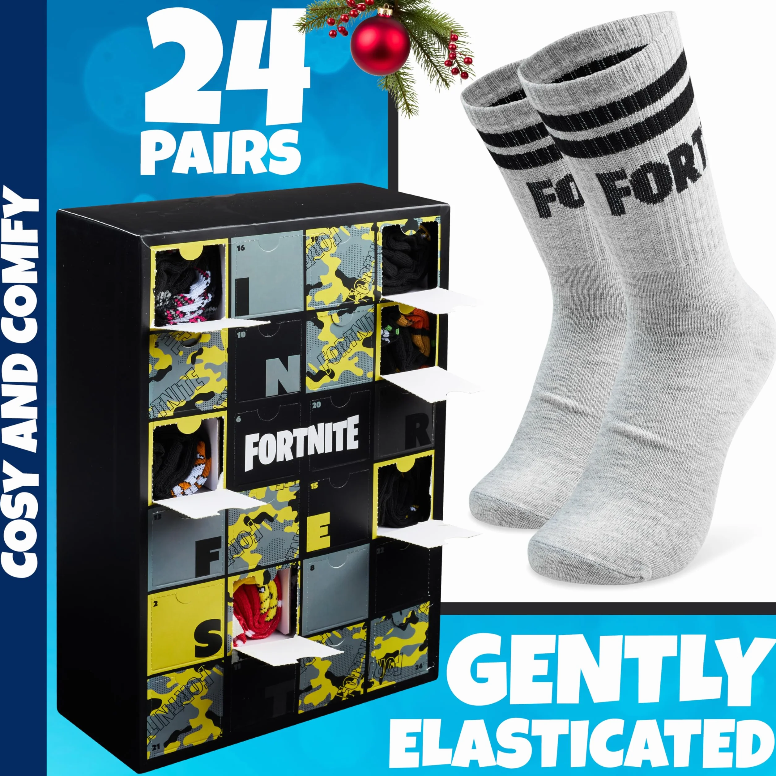 Get Trend Fortnite Skarpety Kalendarz adwentowy 2025 dla chłopców, nastolatków i mężczyzn, rozmiar 24-27 cm, 24 pary skarpet na co dzień i sport, odliczanie do Bożego Narodzenia, prezenty dla graczy