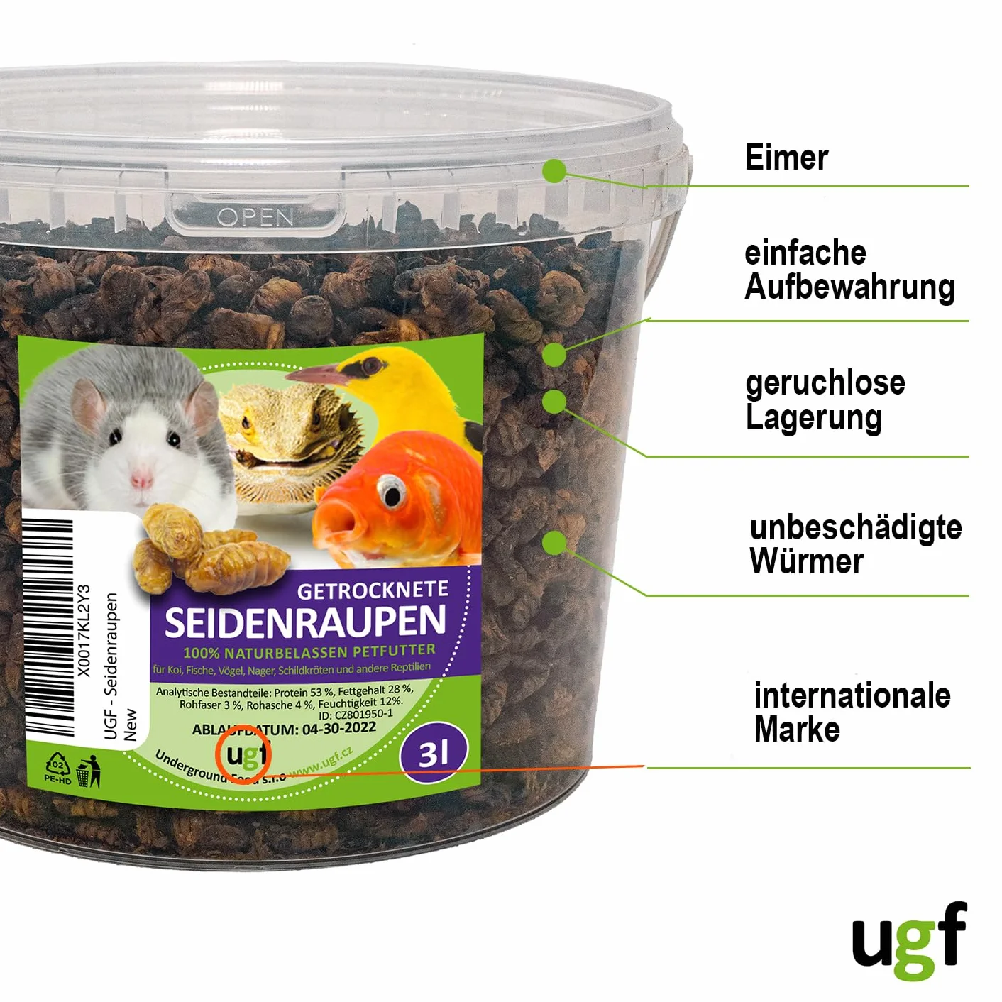 UGF Suszone jedwabniki Koi 800 g w wiadrze 3-litrowym pokarm dla ryb stawowych