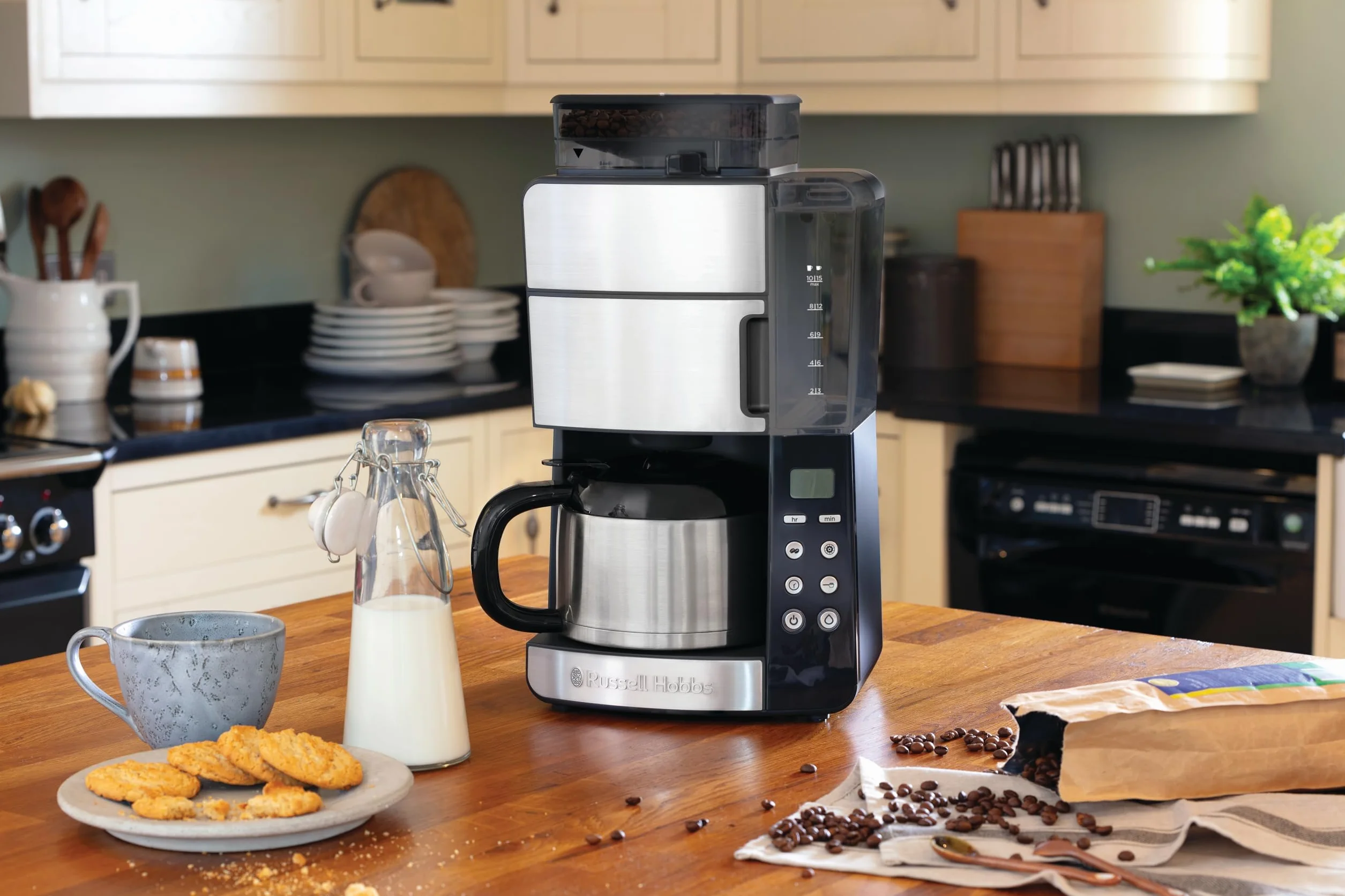 Russell Hobbs ekspres do kawy, wbudowany młynek, regulacja mocy zaparzenia kawy, timer, podtrzymywanie temperatury, dzbanek termiczny, pojemność 1,25l, moc 1000W, czarny-stalowy, Grind&Brew 25620-56