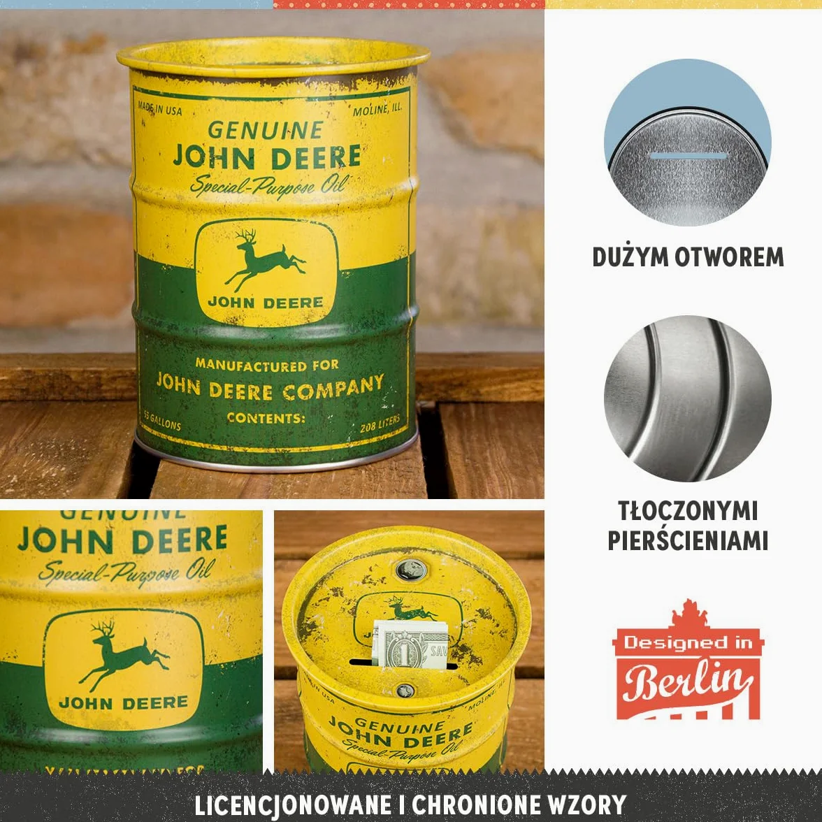 Nostalgic-Art Retro skarbonka, 600 ml, John Deere – Special Purpose Oil – Pomysł na prezent dla miłośników traktorów, Official License Product (OLP), metalowa skarbonka, Styl vintage