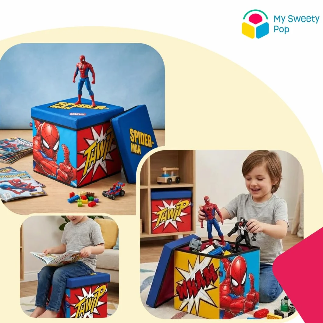 Pudełko do przechowywania zabawek spiderman | Składany 30 x 30 x 30 cm | Marvel Toy Box do pokoju dziecięcego, wytrzymały stołek do przechowywania 80 kg, dekoracyjna pufa