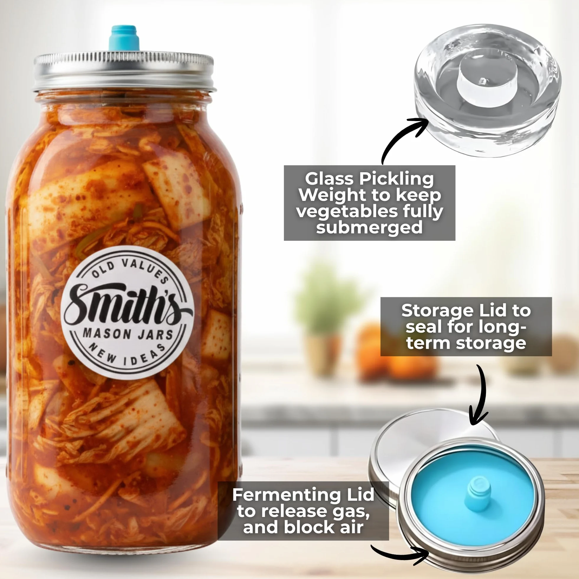 Smiths Mason Jars 2-pak fermentacyjnych słoików z przezroczystego szkła o pojemności 1 litra z pokrywkami, obciążnikami i dodatkowymi pokrywkami - idealne do przechowywania owsa, kimchi, pikli