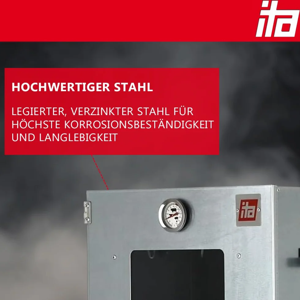 ITA Elektryczny piec wędzarniczy 7000 – zestaw do wędzenia z ogrzewaniem, generator dymu – szafka wędzarnicza z oknem i termometrem – stal stopowa – jakość UE, bezpośrednio od producenta – 81 cm z 3