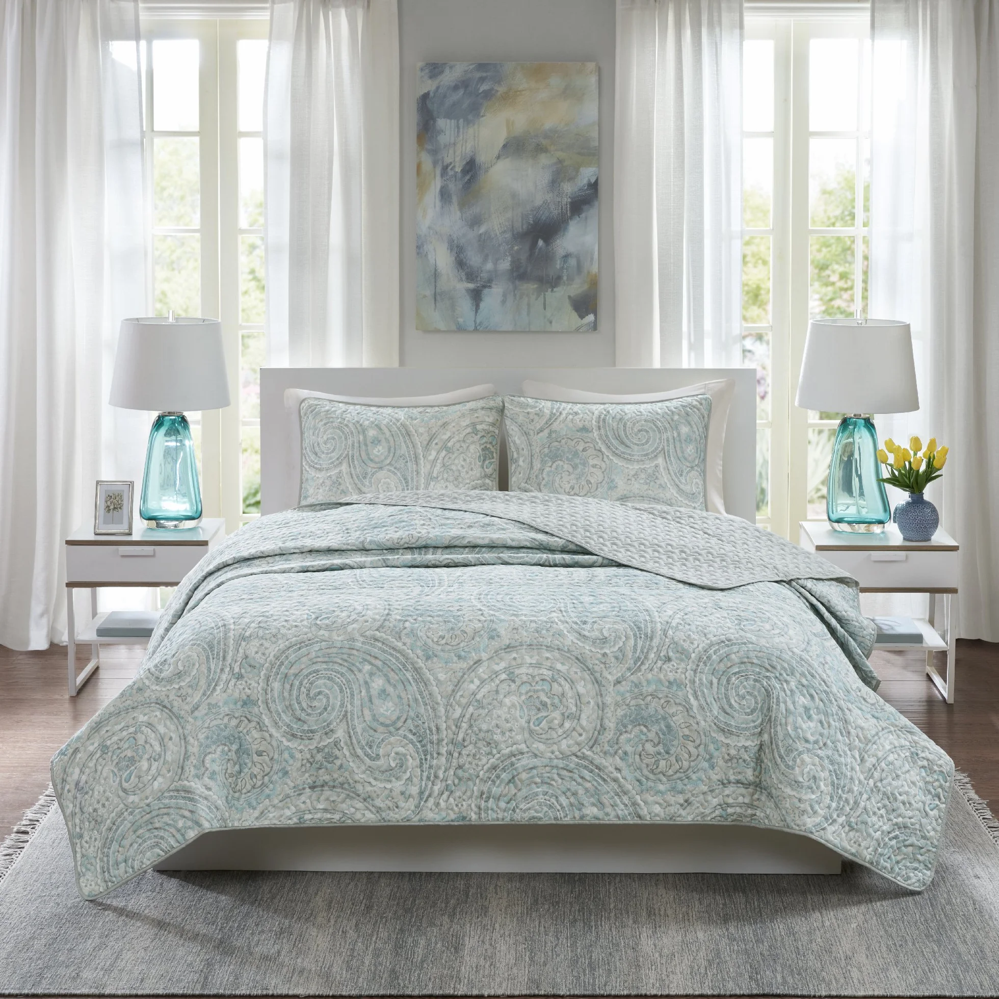 Comfort Spaces Zestaw kołder - modna letnia poszewka Paisley, przytulna narzuta, lekka całoroczna warstwa pościeli na zimę, pasujące szamy, King/Cal King, Kashmir Paisley Blue