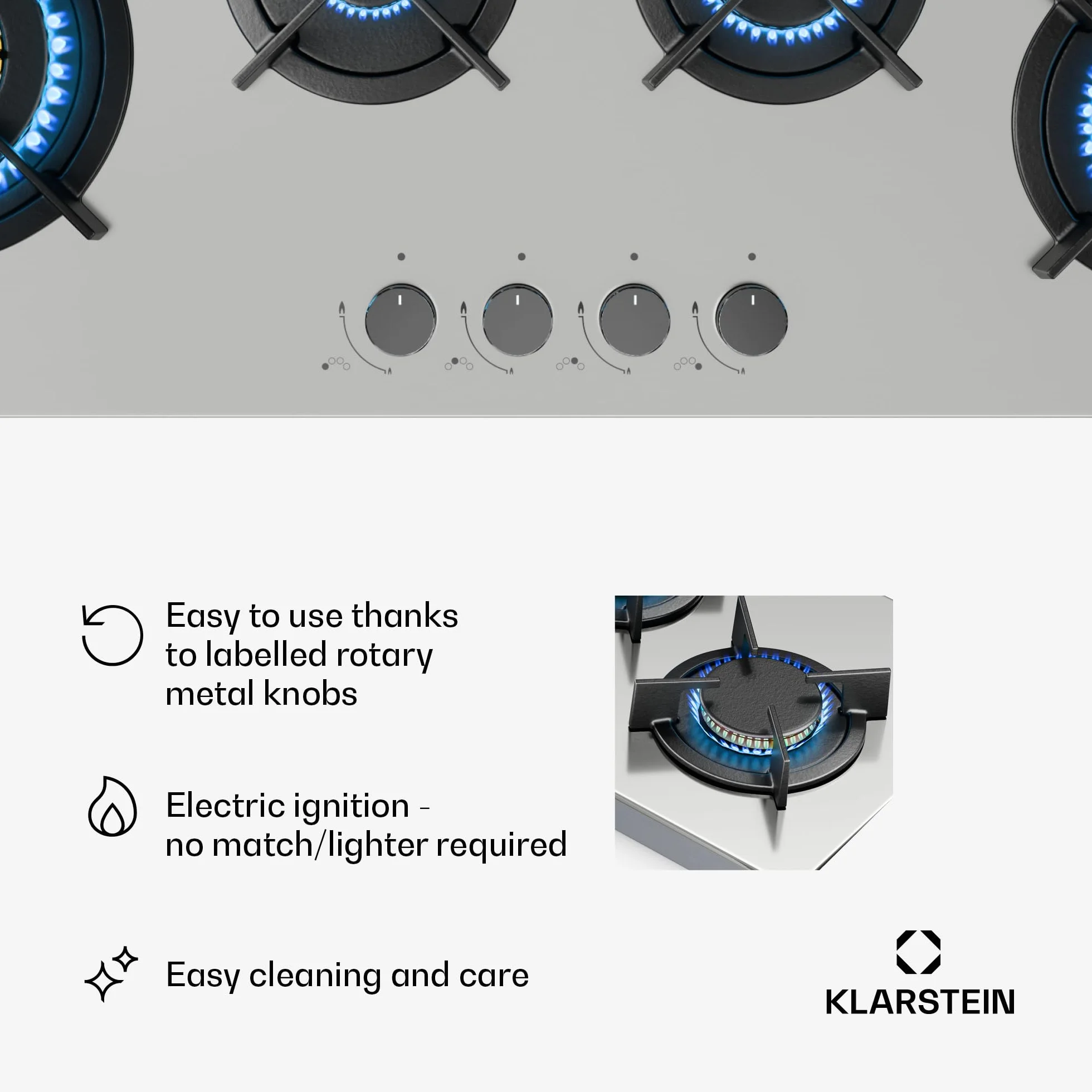 Klarstein Goldflame 4 Slim Płyta gazowa, 4 palniki mosiężne, 3,4kW, 2,4kW, 1,8kW, 1kW, Zapłon SnapJet, Zabezpieczenie przeciwwypływowe, Kuchenka z żeliwnymi krzyżakami, Stal, W zestawie wąż i reduktor