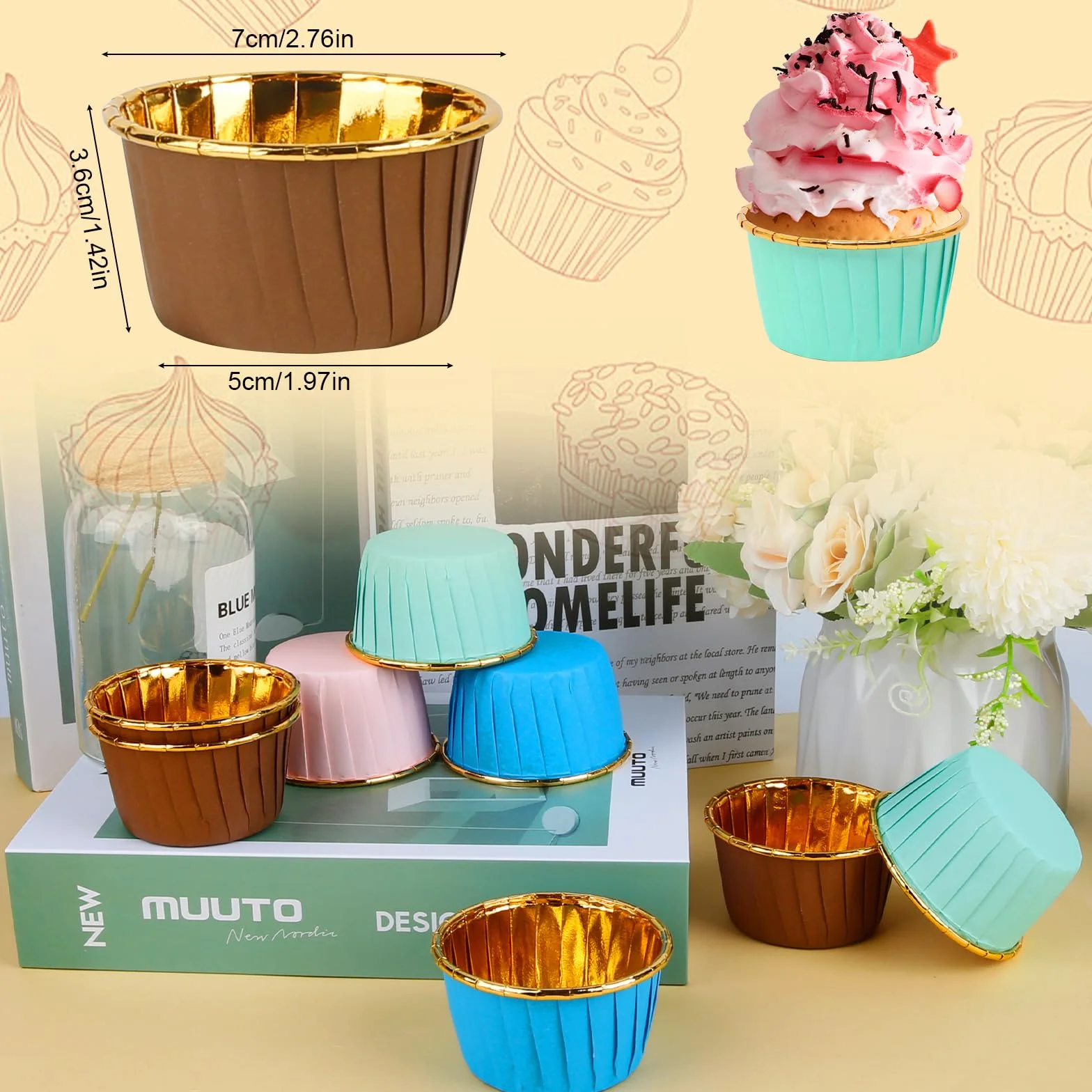 papierowe foremki do muffinek, 200 sztuk, papierowe foremki do babeczek, babeczek, papierowych kubków, wodoodpornych i olejoodpornych, z folii aluminiowej, na babeczki, desery, urodziny,