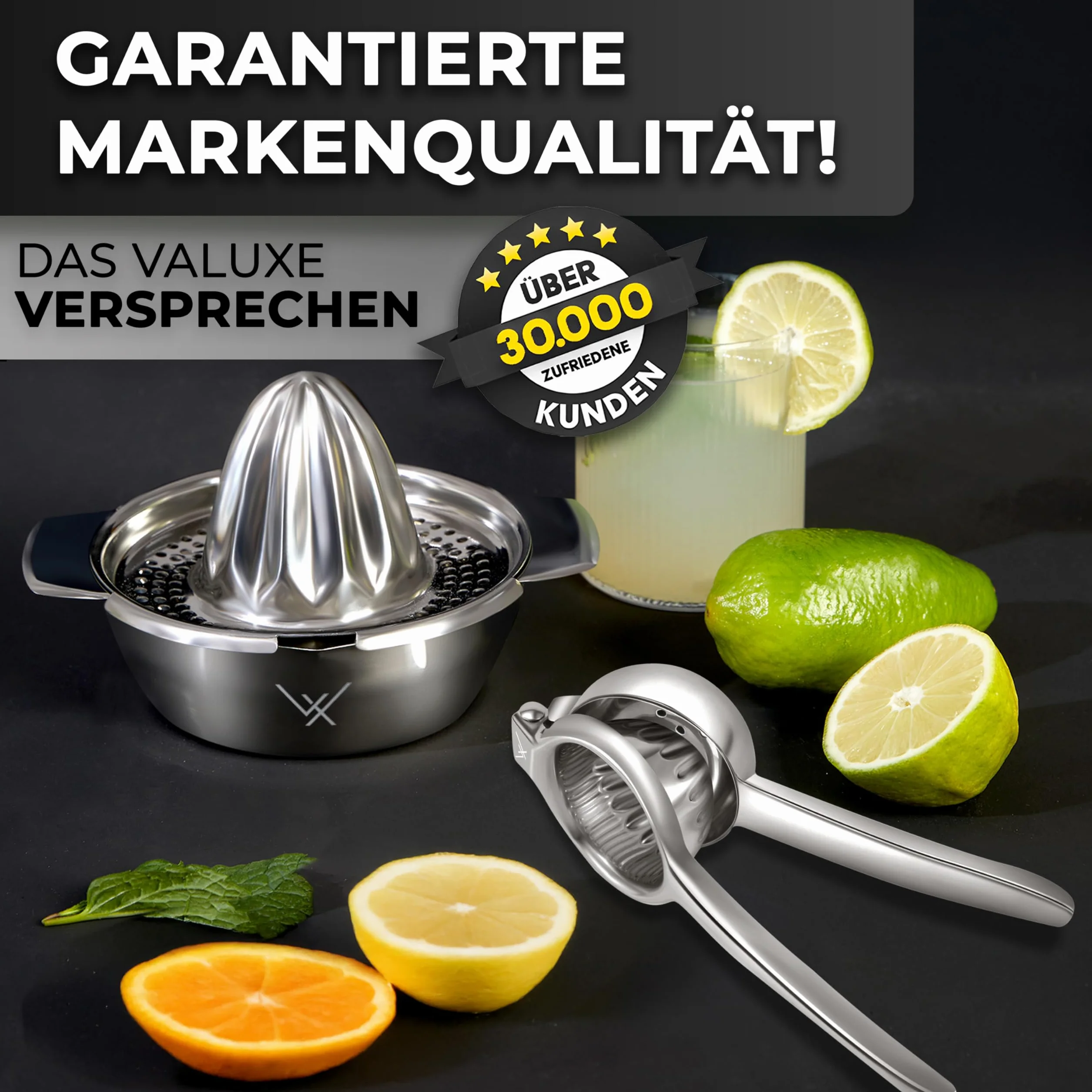 VALUXE Wysokiej jakości wyciskarka do cytrusów ze stali nierdzewnej – wyciskarka do cytrusów, cytryn, limonek i pomarańczy z pojemnikiem 350 ml – ręczna wyciskarka do limonek, nadaje się do mycia w