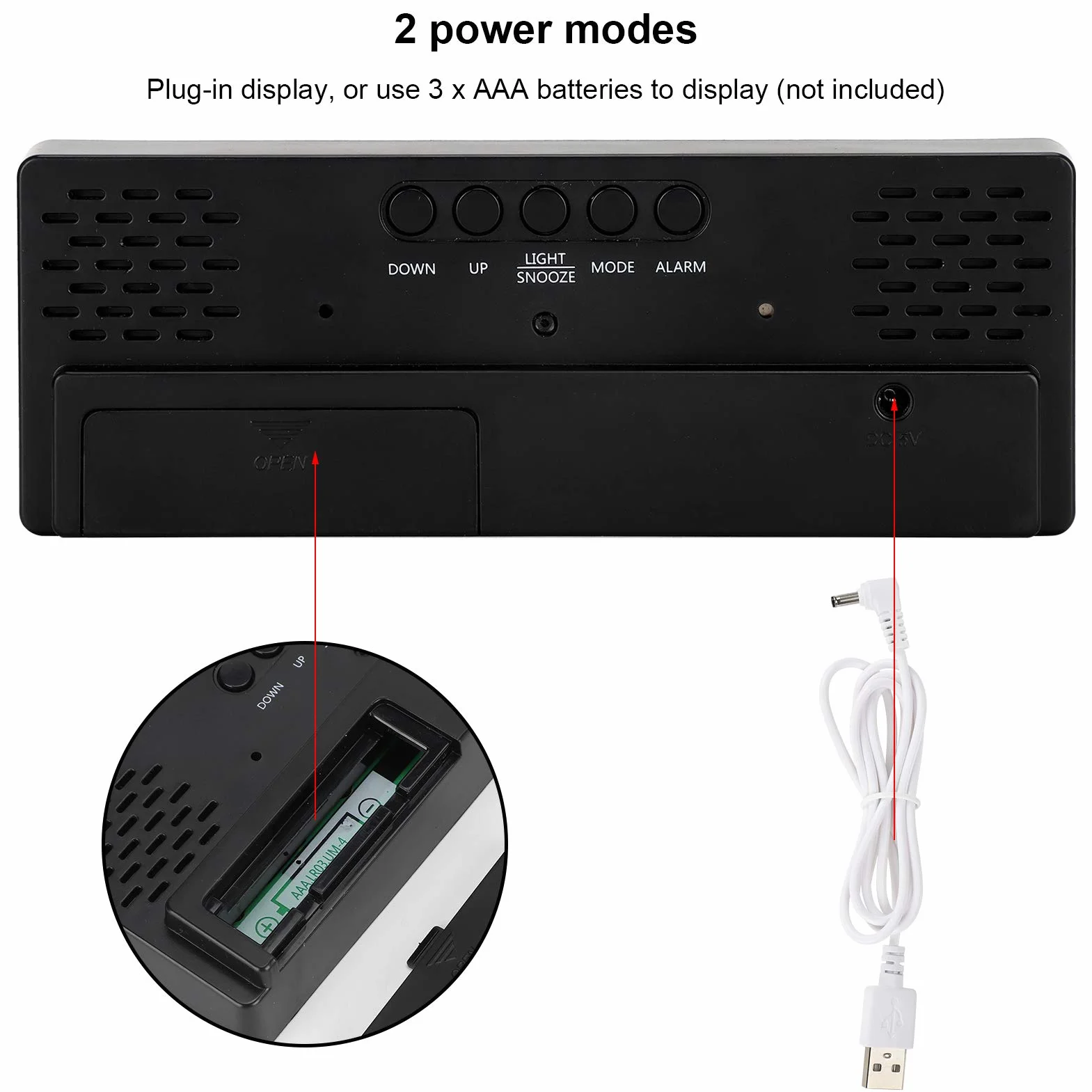Zegar Cyfrowy Duży Wyświetlacz, Lustro LED Budzik Cyfrowy Budzik Zegary Elektroniczne Zegar Stołowy ładowany Przez USB (Prostokątne czarno-białe światło)