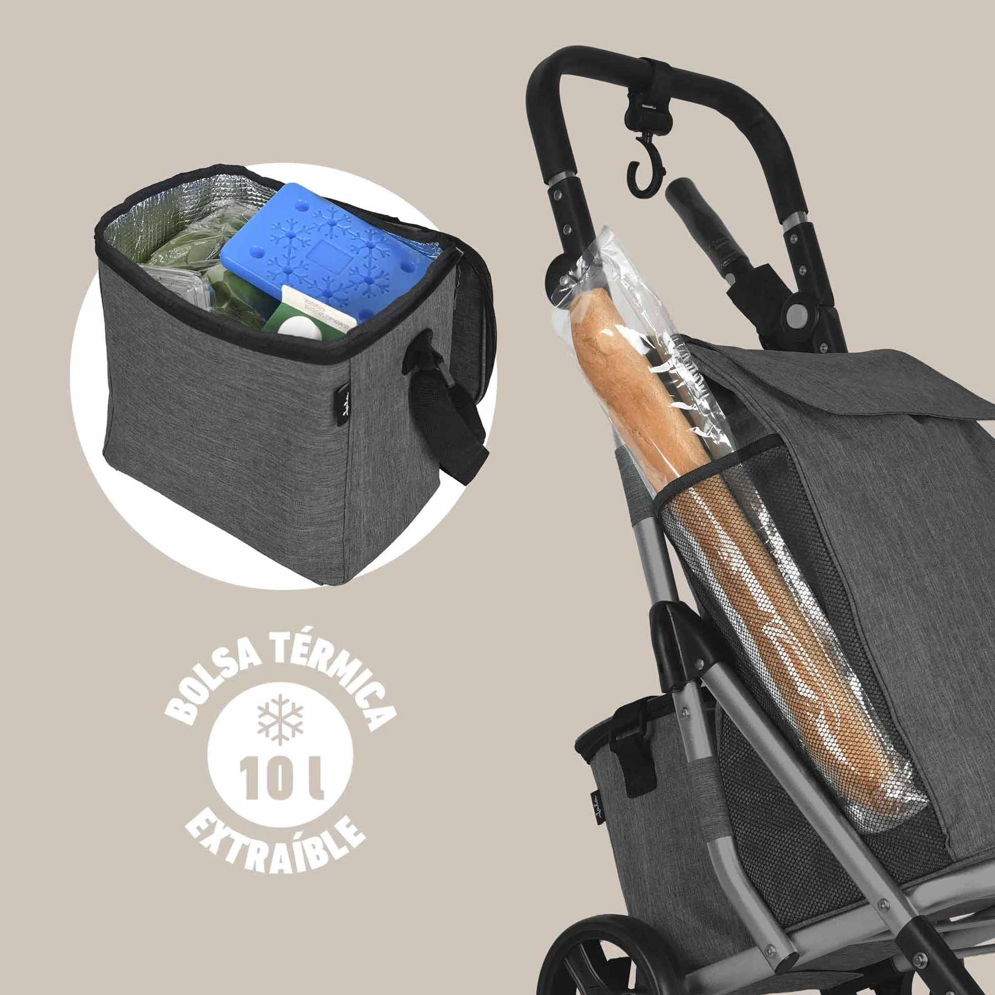 JATA HCAR2502 wózek na zakupy 4 kółka 40 l z torbą chłodzącą do mrożonek, 2 kółka obrotowe o 360°, składany wózek z hamulcem, aluminiowe podwozie