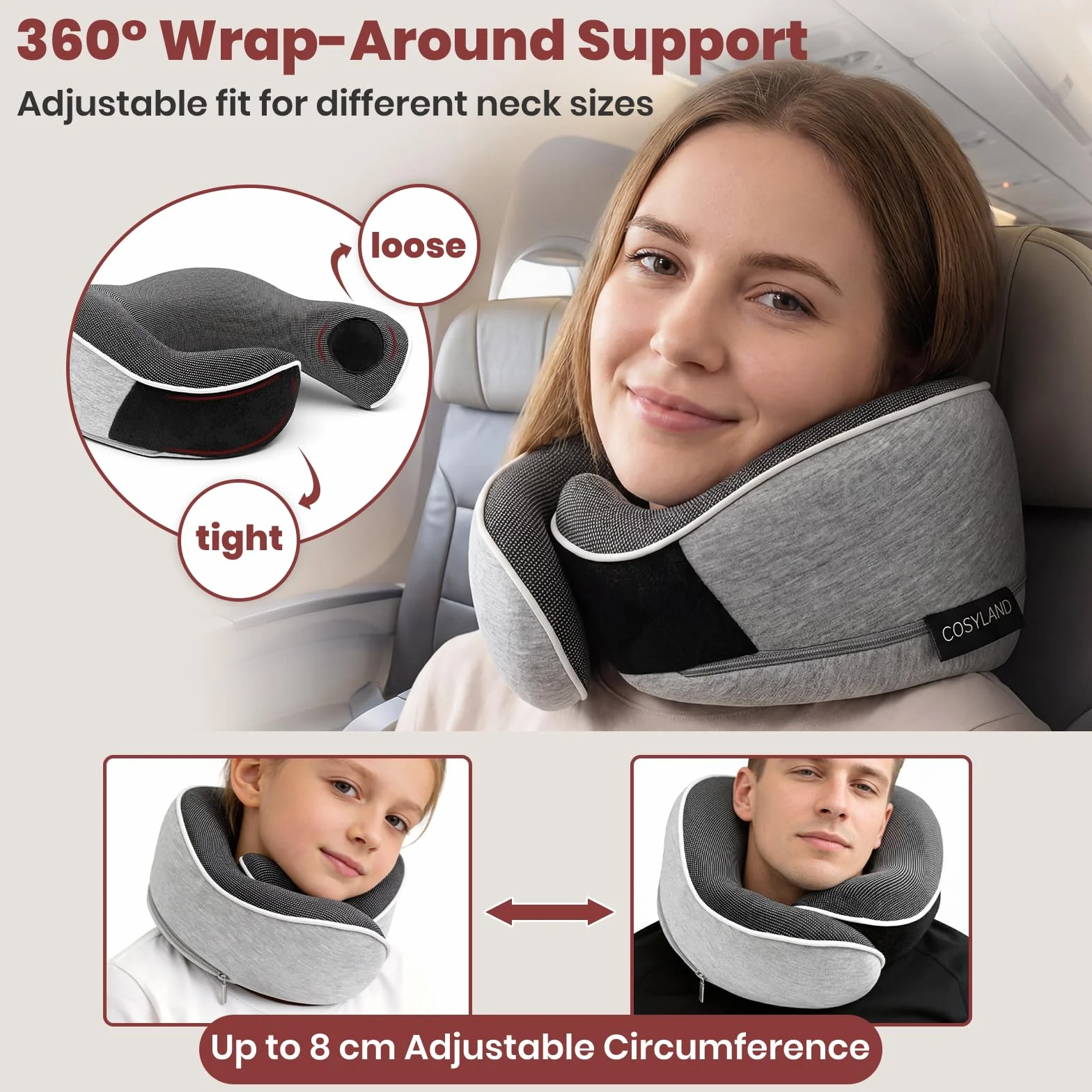 COSYLAND Poduszka na kark, samolot i samochód, wsparcie 360°, poduszka podróżna z pianki pamięciowej, regulowana, ergonomiczna poduszka na kark dla dorosłych, z kieszenią, maską do spania i zatyczkami