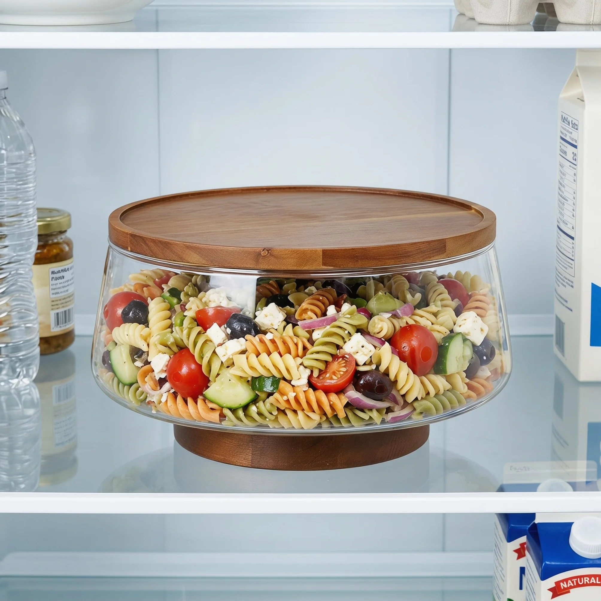 SHINEOFI 1 zestaw dużych szklanych misek do sałatki z drewnianą podstawą i serwerami do sałatek - 3,4 l/3,6 qt Elegancka miska do serwowania makaronu, owoców i przekąsek - Łatwa w czyszczeniu,
