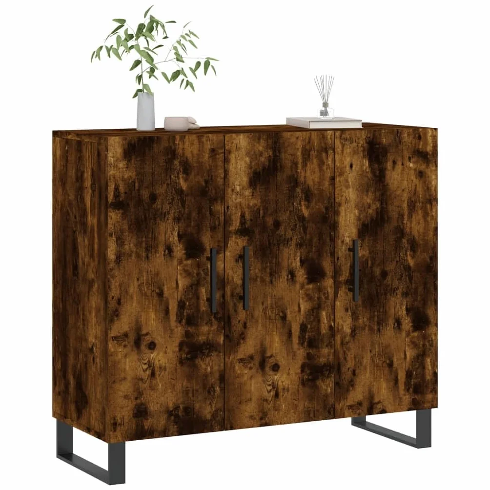 Générique Nowoczesny bufet wędzony dąb 90x34x80 cm, Meble do salonu z drewna konstrukcyjnego z metalowymi nogami, duża przestrzeń do przechowywania i praktyczne drzwi