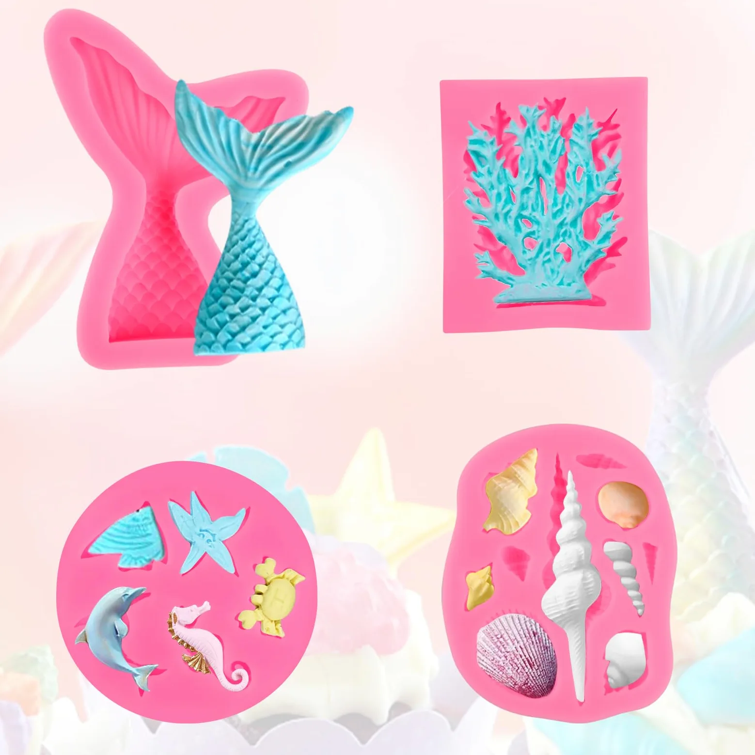 4 Silikonowej Formy Syrenkowej, 3d Forma Do Fondantu Z Morskimi ZwierzęTami | Formy Silikonowe Syrenek, Diy Forma Do Fondantu ZwierzęTa Oceaniczne, DużE Formy Silikonowe Do Ciast Na Ciasto
