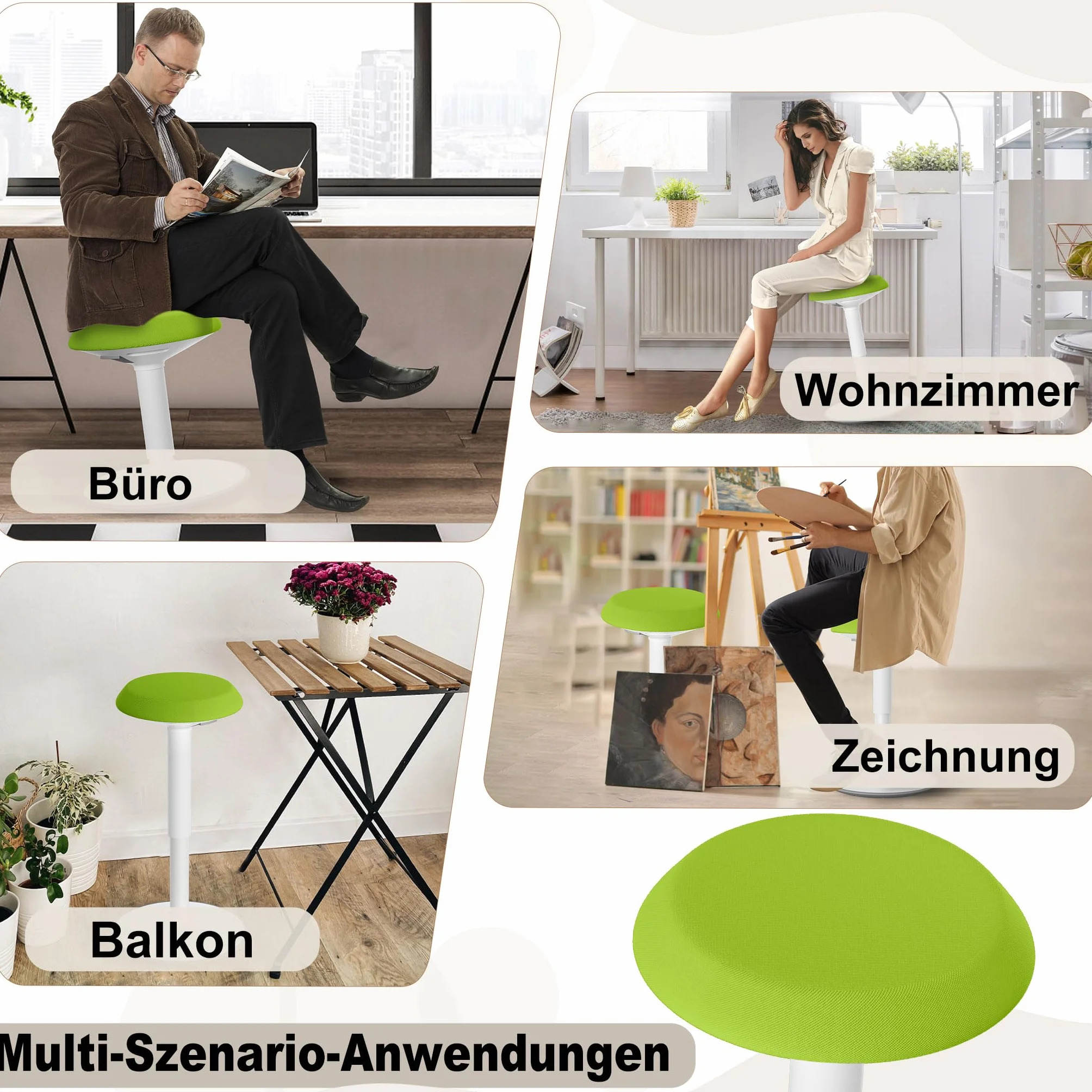 Froadp Stołek biurowy, ergonomiczny taboret, stojący z regulacją wysokości 43-61 cm, antypoślizgowy, do salonu, baru, biura, zielony, okrągły