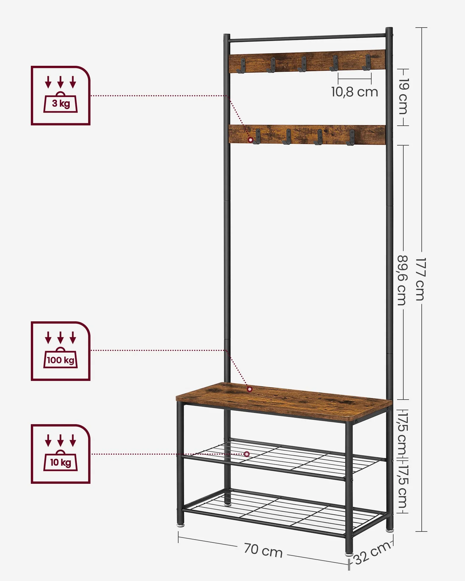 VASAGLE Metalowy wieszak z haczykami na ubrania z 3 półkami na buty i siedziskiem, do korytarza, wysokość 175 cm, styl industrialny, brązowy vintage HSR41BX