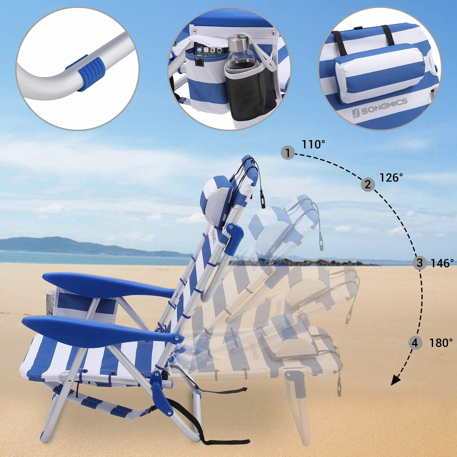 SONGMICS Krzesło plażowe z poduszką, aluminium, przenośne krzesło składane, krzesło kempingowe, składane i regulowane, jak plecak, krzesło outdoorowe, niebiesko-białe paski, GCB62BU